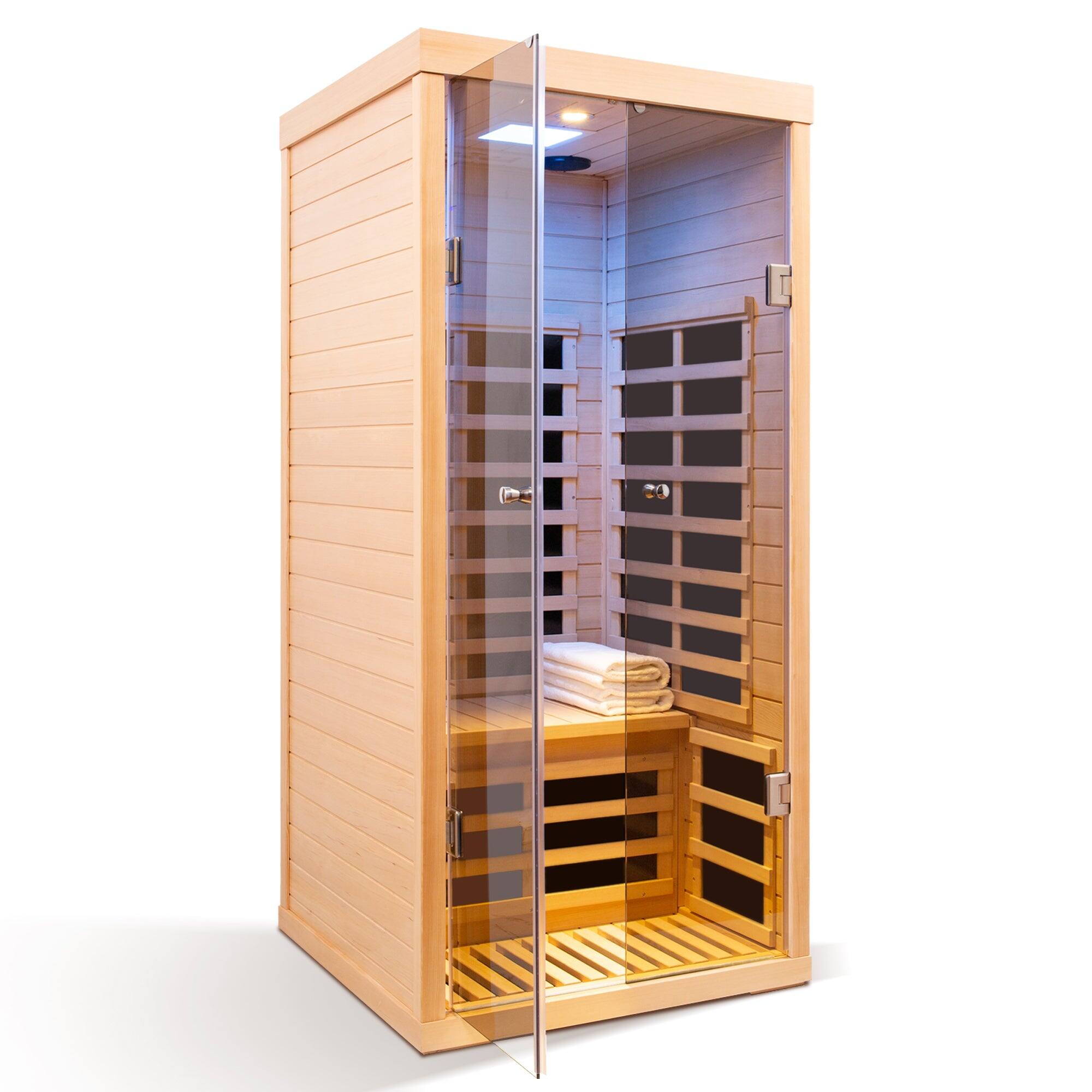 Alt View 7. Boyel Living - Low EMF One-Person Wide Space Hemlock Double Doors Luxury Glass Far Infrared Sauna with APP Control and Bluetooth Audio - Natural Wood.