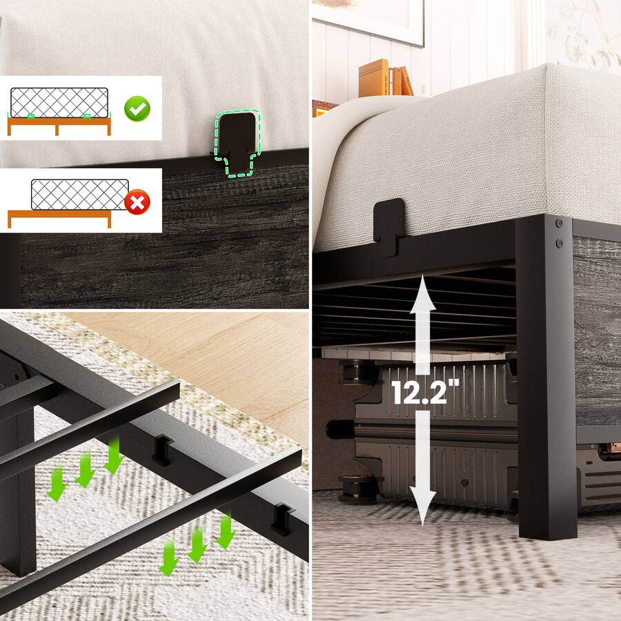 Aheaplus Industrial Metal Bed Frame: Storage Headboard / Charging, LED ...