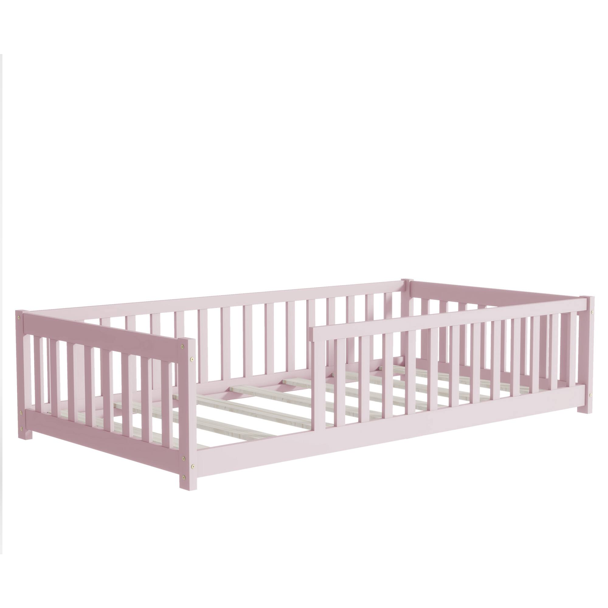 Alt View 9. GOODSILO - Twin Size Low-Profile Youth Bed with Secure Enclosure Frame, Solid Wood Construction, Neutral Finish - Pink.