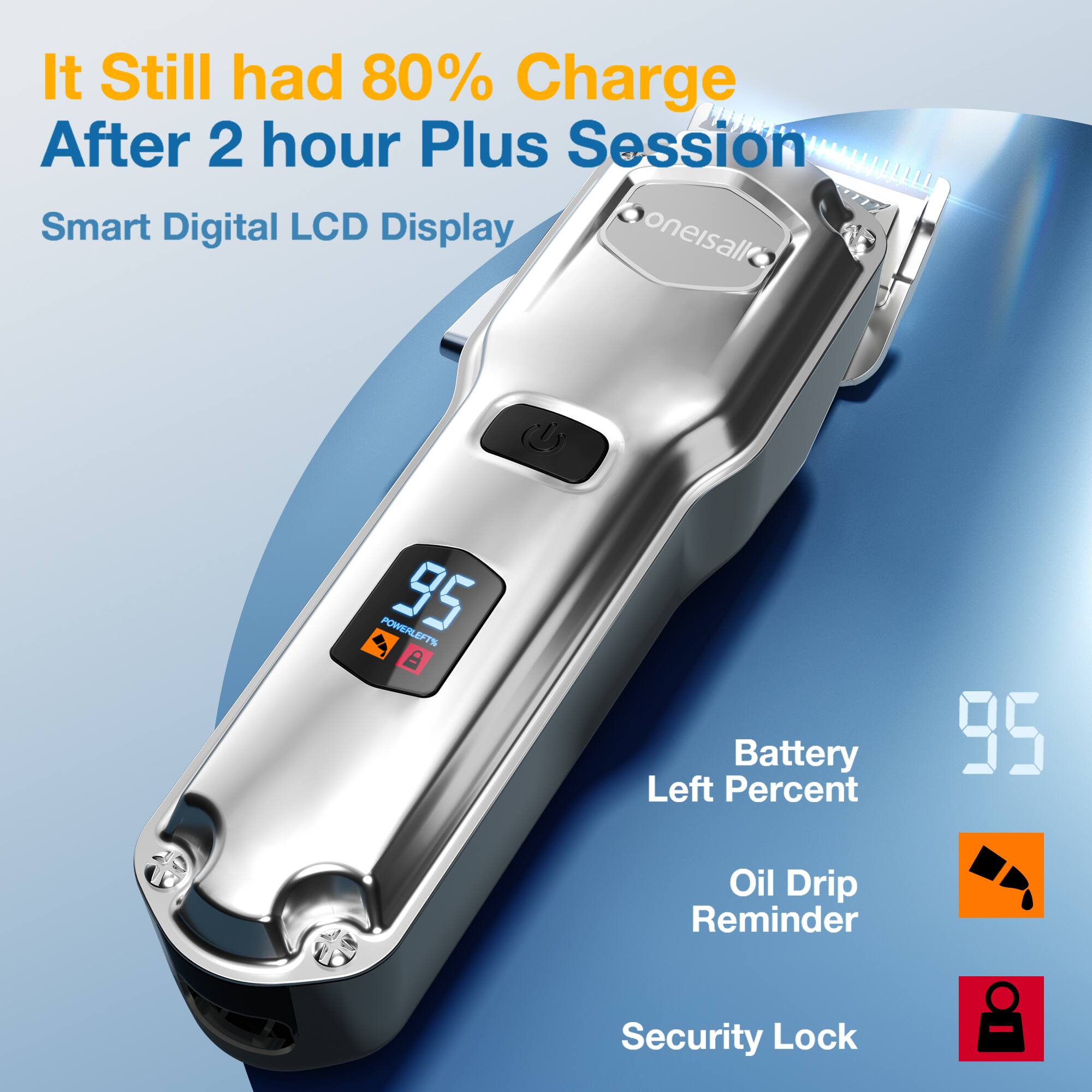 It Still had 80% Charge After 2 hour Plus Session  
Smart Digital LCD Display  
oneisall  
POWERLEFTS 95  
Battery Left Percent 95  
Oil Drip Reminder  
Security Lock