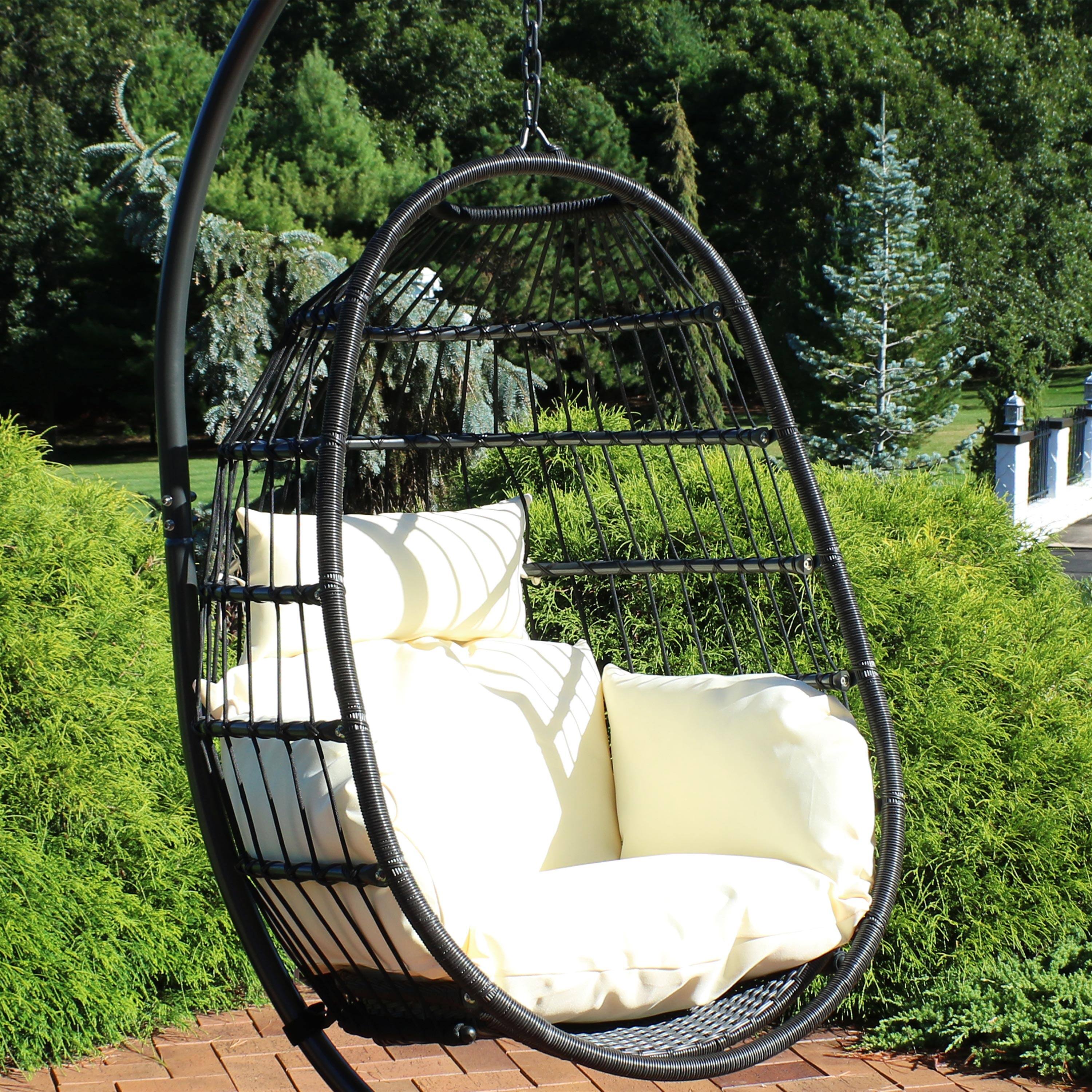 Alt View 3. Sunnydaze - Black Resin Wicker Hanging Egg Chair with Cushions - Cream Cushions.