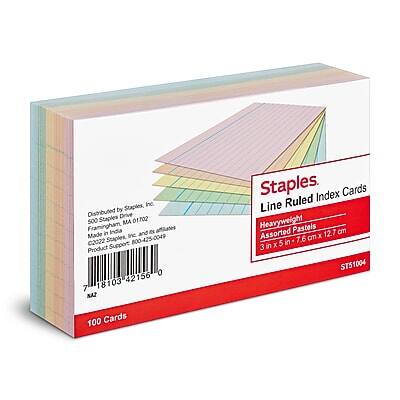 Staples, Inc.
Distributed by Staples, Inc.
500 Staples Drive
Framingham, MA 01702
Framingham, India
Made in China
2022
Staples 800-425-0049
Product Support 0 42156 7 18103 NAT Staples
Staples
Line Ruled Index Cards
Heavyweight
Assorted Pastels
3 in x 5 in (7.6 cm x 12.7 cm)
100 Cards
ST51004
78 MA 1013421560