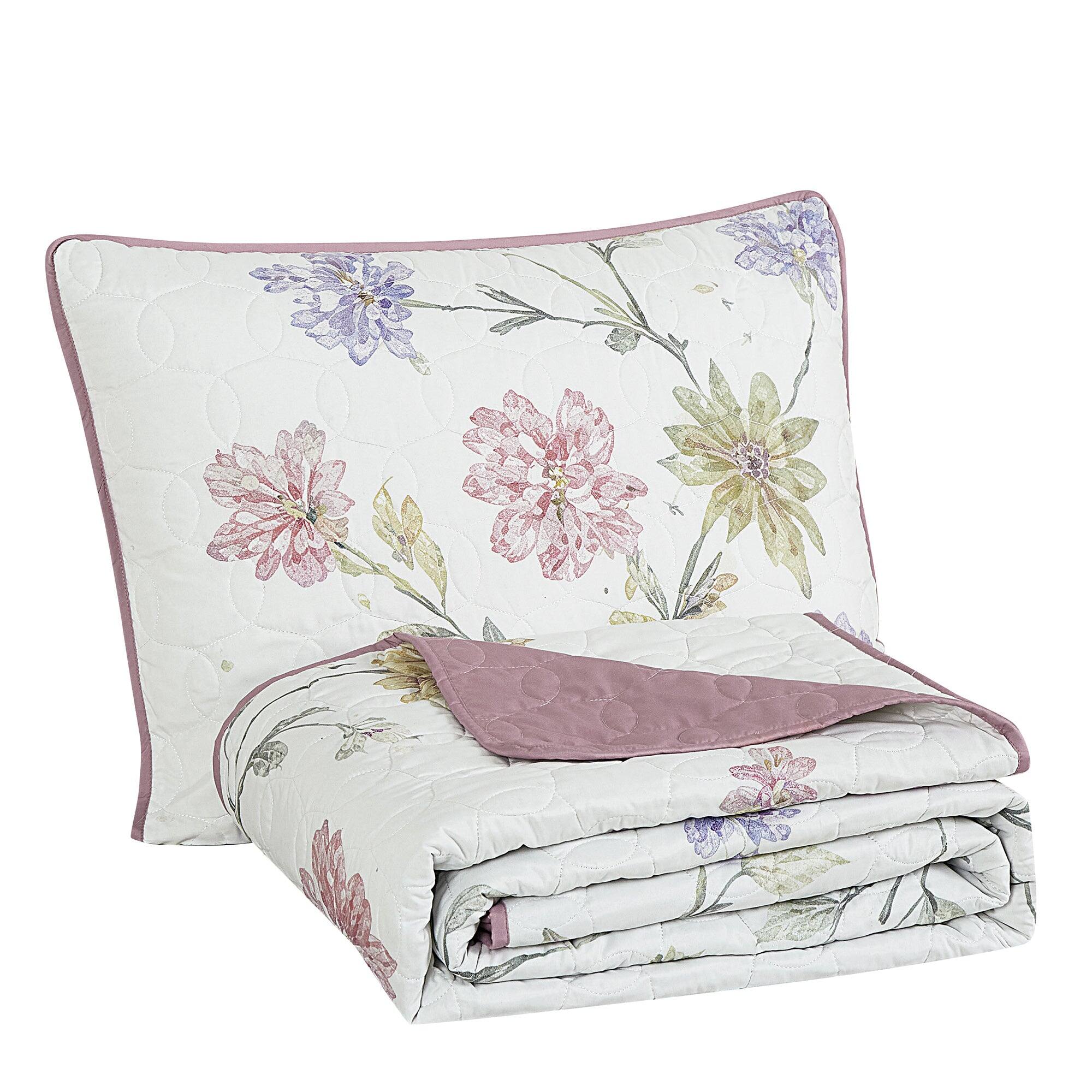 Alt View 1. MarCielo - MarCielo 3 Piece Lightweight Quilt Bedspread Set Reversible Floral Botanical - Pink Dahlia.