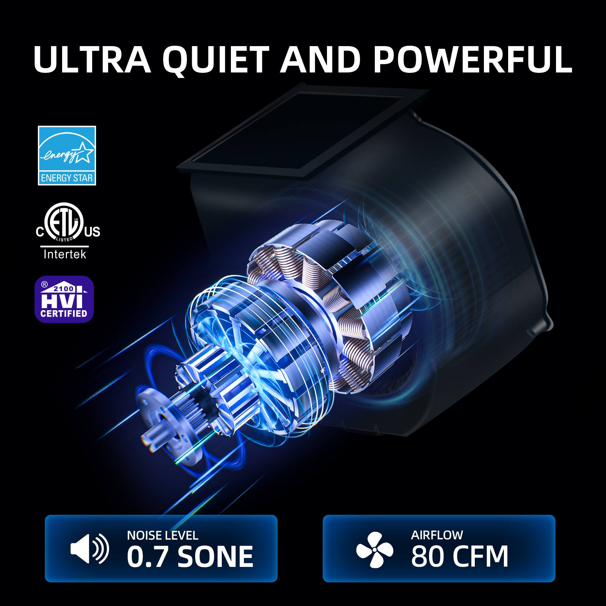 ULTRA QUIET AND POWERFUL

ENERGY STAR

ETL US
Intertek

HVI CERTIFIED

NOISE LEVEL 0.7 SONE

AIRFLOW 80 CFM