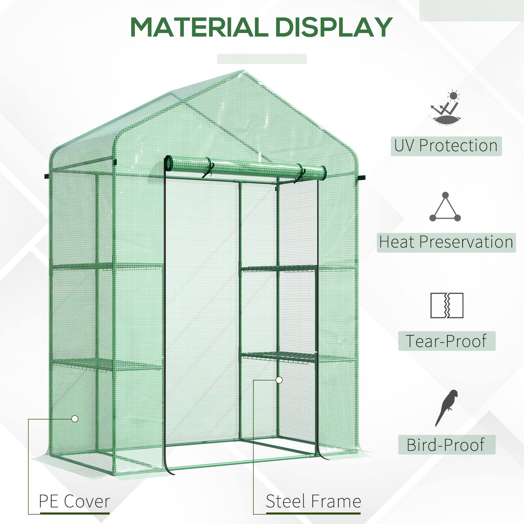 MATERIAL DISPLAY

PE Cover
Steel Frame
UV Protection
Heat Preservation
Tear-Proof
Bird-Proof