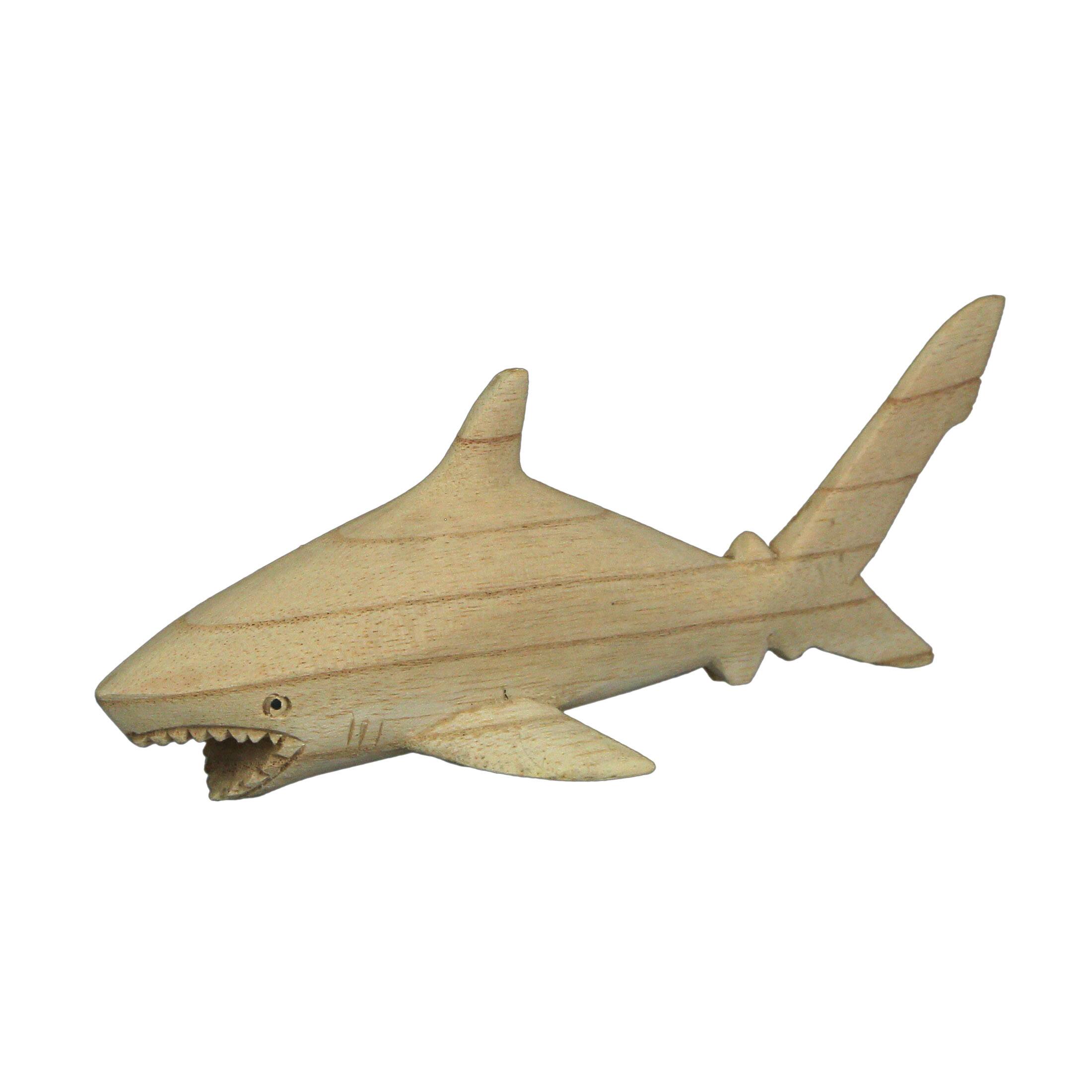 Front. Things2Die4 - 8" Hand Carved Great White Shark Wooden Sculpture – Nautical Ocean Decor - Brown.
