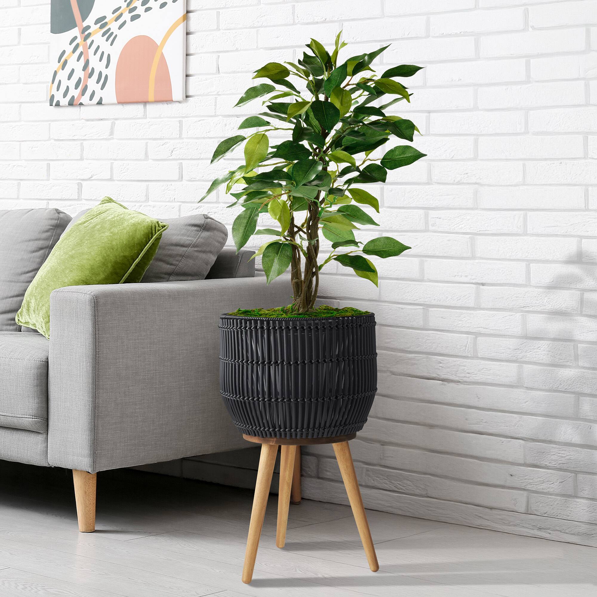 Alt View 2. Casafield - Indoor Planter with Stand, Large Rattan Basket for Plants and Flowers with Wood Legs - Black with Natural Legs.