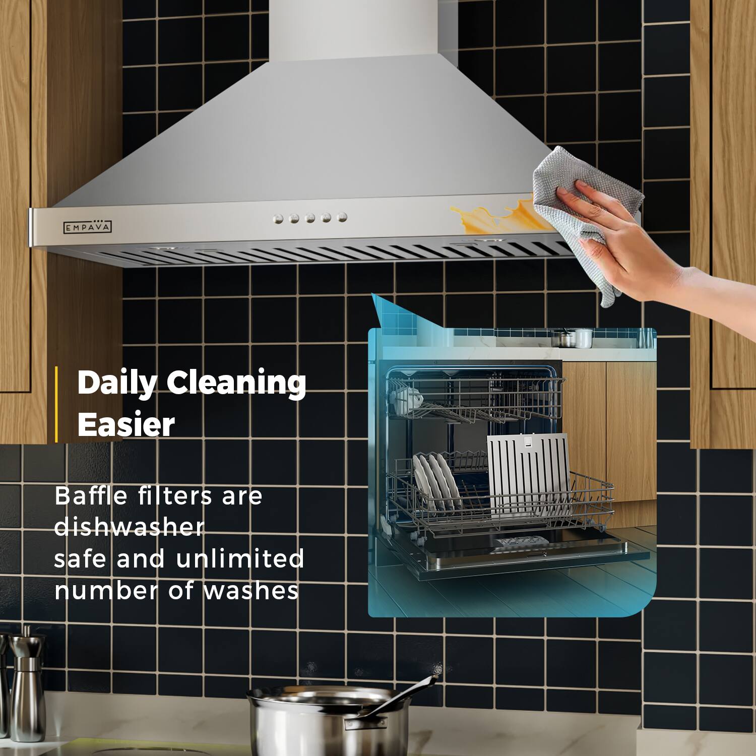 CMPAVA Daily Cleaning Easier Baffle filters are dishwasher safe and provide an unlimited number of washes.