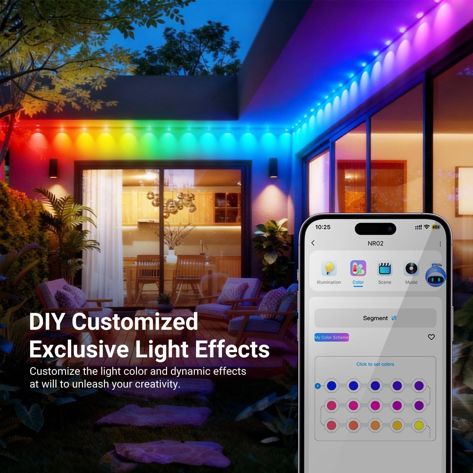 10:25 4D1 NRO2 : Illumination Color Scene Music DIY Customized Exclusive Light Effects Customize the light color and dynamic effects at will to unleash your creativity. My Color Scheme - Segment Click to set colors