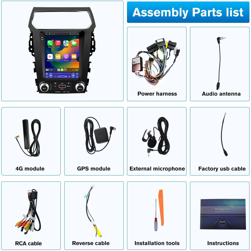 Assembly Parts List

- Power harness
- Audio antenna
- 4G module
- GPS module
- External microphone
- Factory USB cable
- RCA cable
- Reverse cable
- Installation tools
- Instructions