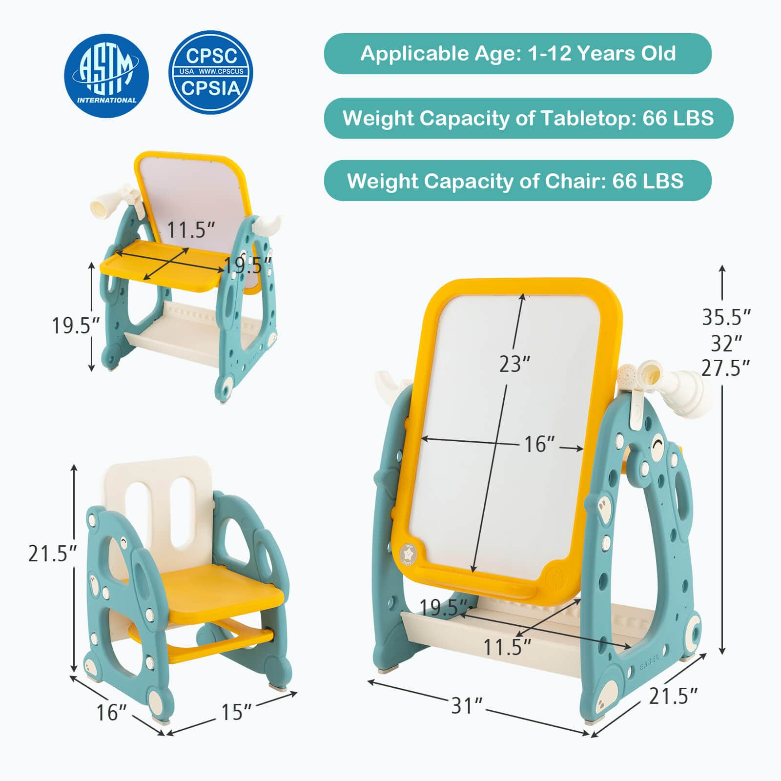 The text on the image is grouped and corrected as follows:
Applicable Age: 1-12 Years Old
Weight Capacity of Tabletop: 66 LBS
Weight Capacity of Chair: 66 LBS
Dimensions:
11.5" 19.5" 23" 35.5" 32" 27.5" 16" 21.5" 19.5" 16" 15" 11.5" 31"
