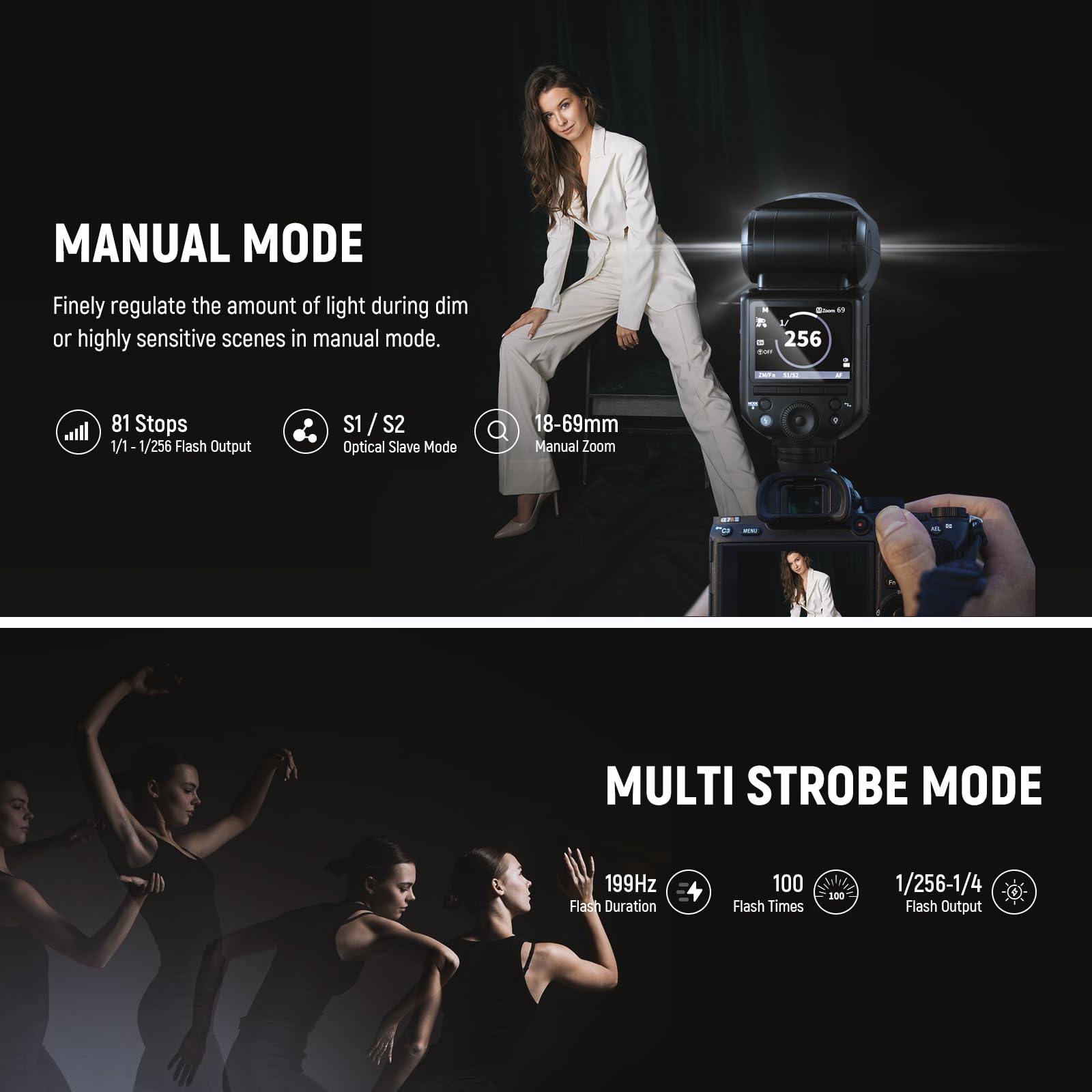 MANUAL MODE  
Finely regulate the amount of light during dim or highly sensitive scenes in manual mode.  

- 81 Stops  
- 1/1 - 1/256 Flash Output  
- S1 / S2 Optical Slave Mode  
- 18-69mm Manual Zoom  

MULTI STROBE MODE  
- 199Hz Flash Duration  
- 100 Flash Times  
- 1/256-1/4 Flash Output