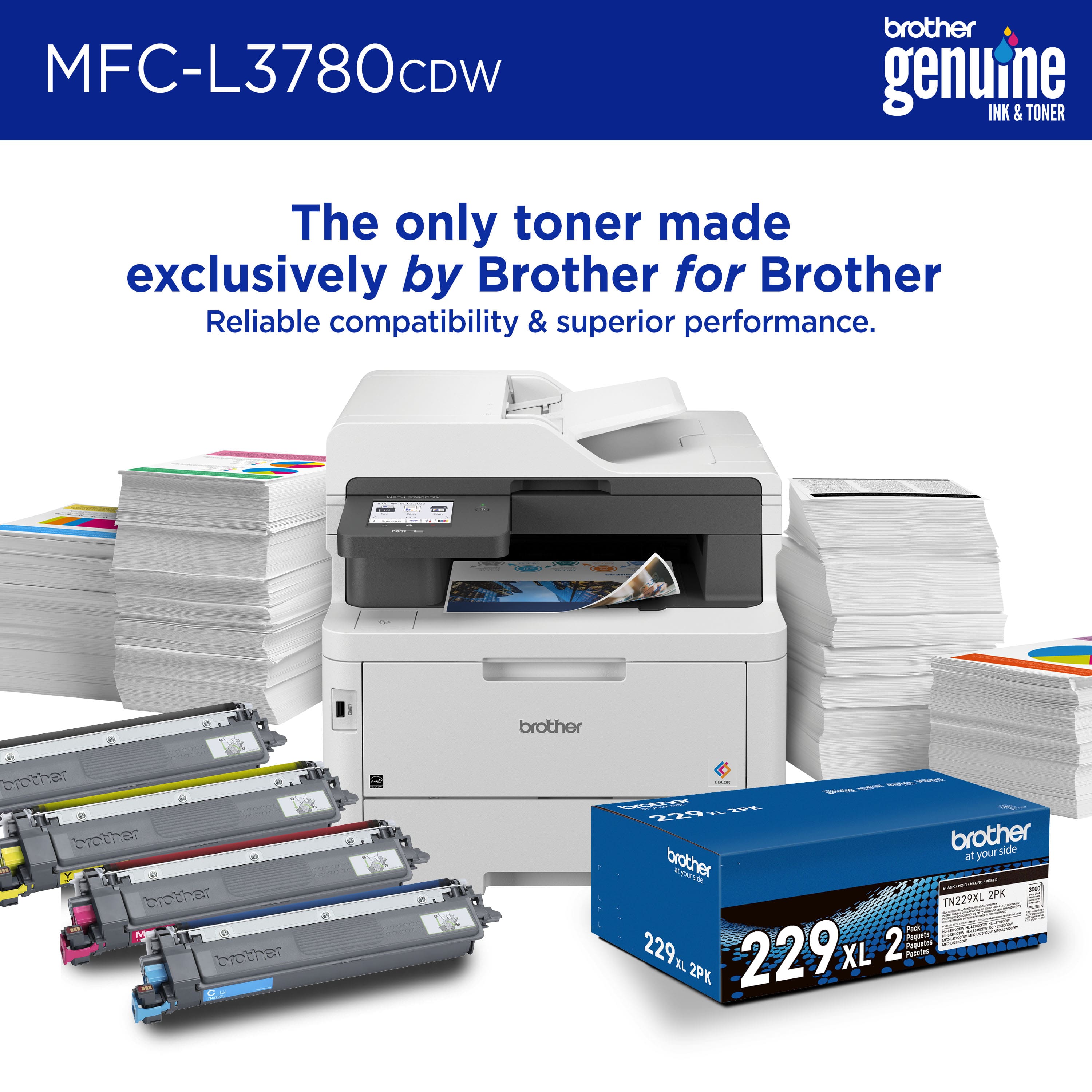 The image features a Brother MFC-L3780CDW printer, which is a part of the Brother Genuine Ink & Toner line. The printer is surrounded by various stacks of paper and ink cartridges, emphasizing its reliability and compatibility. The image also includes a box of TN229XL 2PK ink cartridges, showcasing the printer's superior performance.