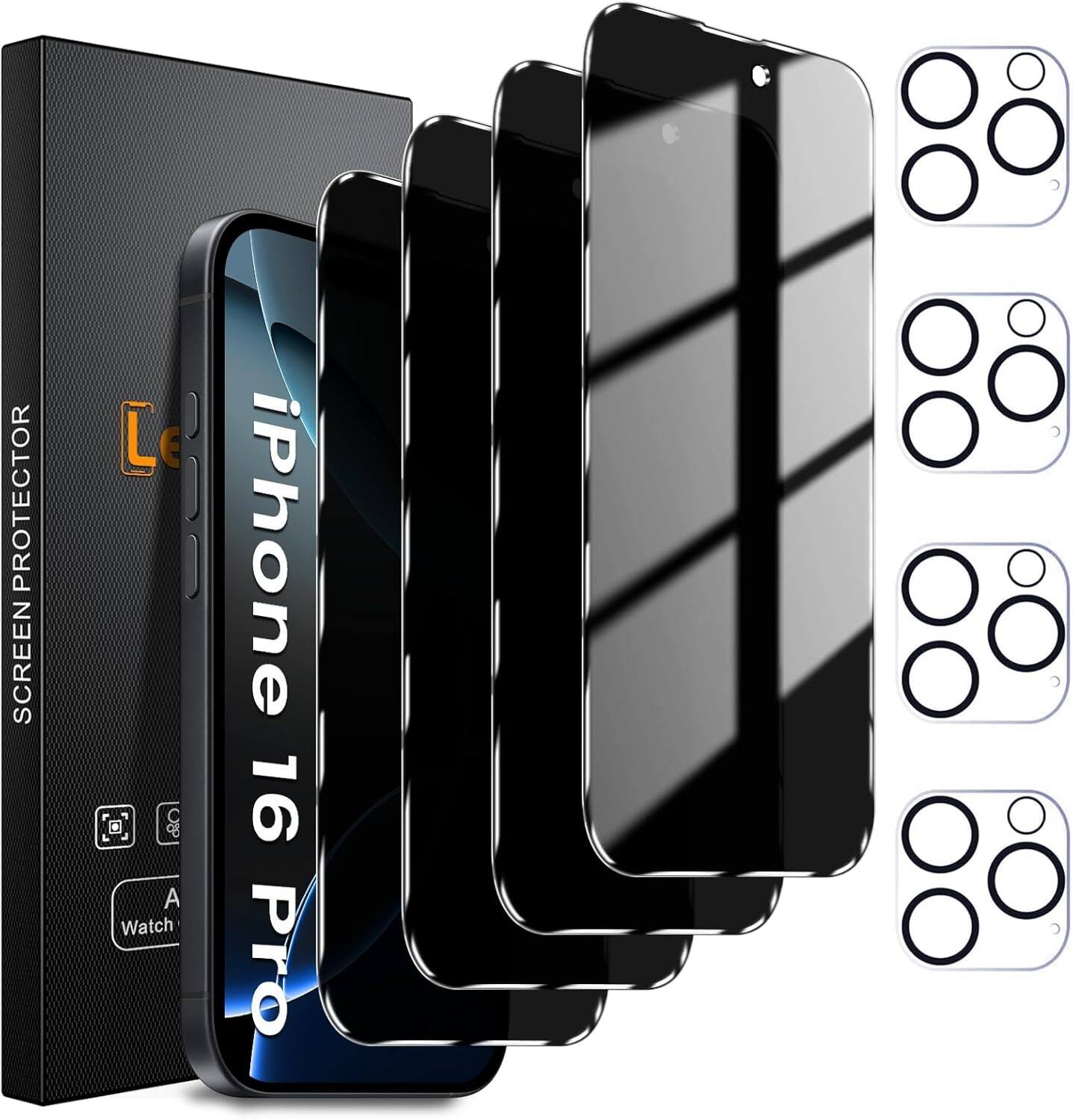 PARKER SLATER - 4+4 Pack iPhone 16 Pro Privacy Screen & Camera Lens Protector, 9H Hardness - Black
