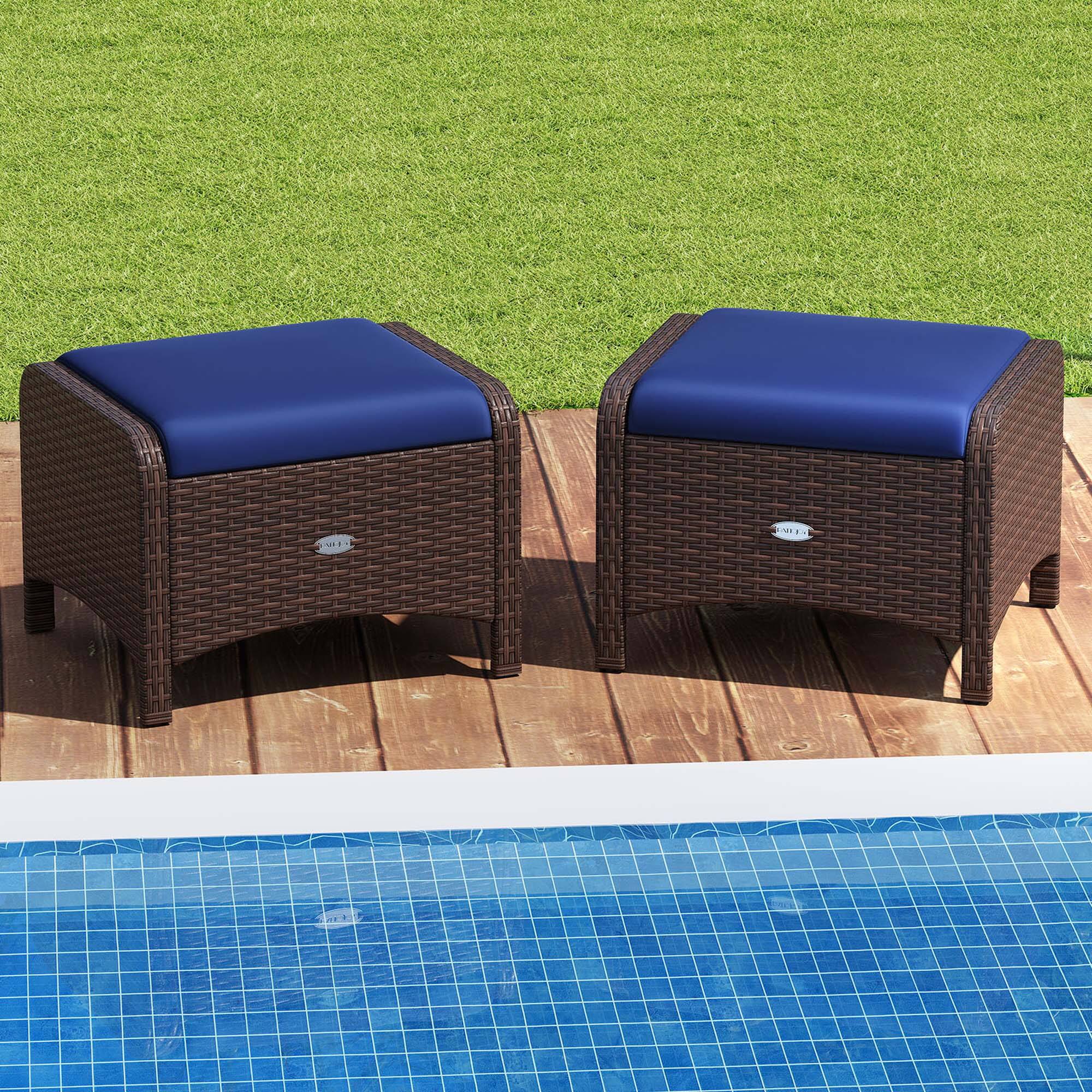 Angle. Costway - 2 Pieces Outdoor Patio PE Wicker Ottomans with Removable Cushions Footstools - Mixed Brown + Navy.