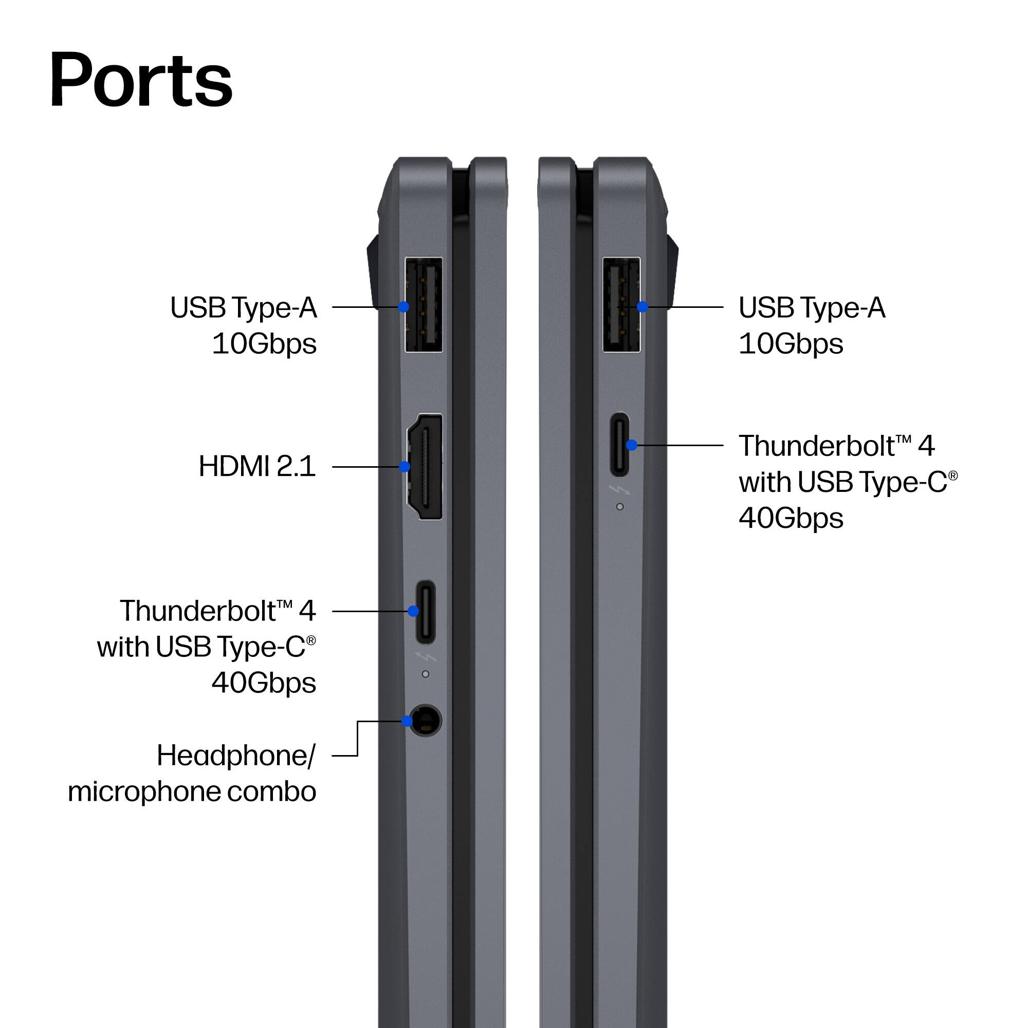 Ports

- USB Type-A 10Gbps
- HDMI 2.1
- Thunderbolt™ 4 with USB Type-C® 40Gbps
- Headphone/ microphone combo

- USB Type-A 10Gbps
- Thunderbolt™ 4 with USB Type-C® 40Gbps