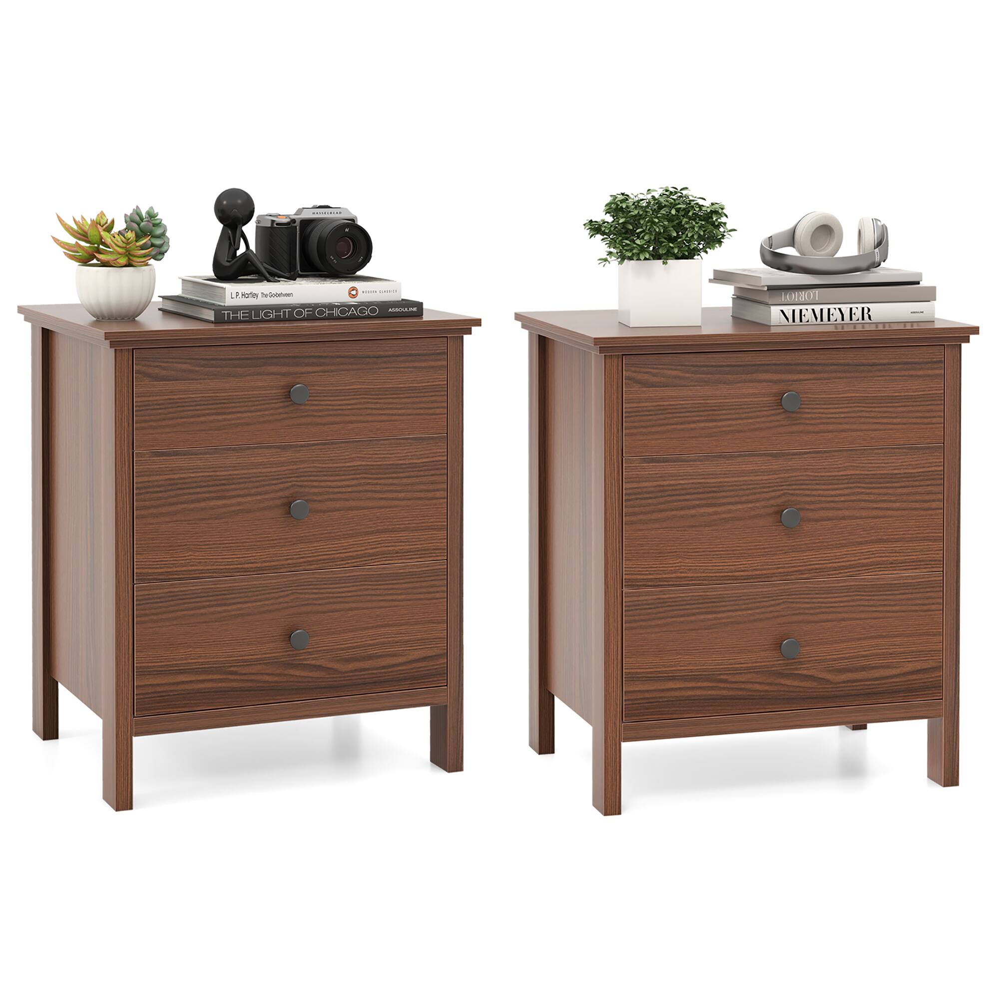 Gymax - Set of 2 3-Drawer Nightstands Wooden Bedside Table Modern Side End Table - Walnut