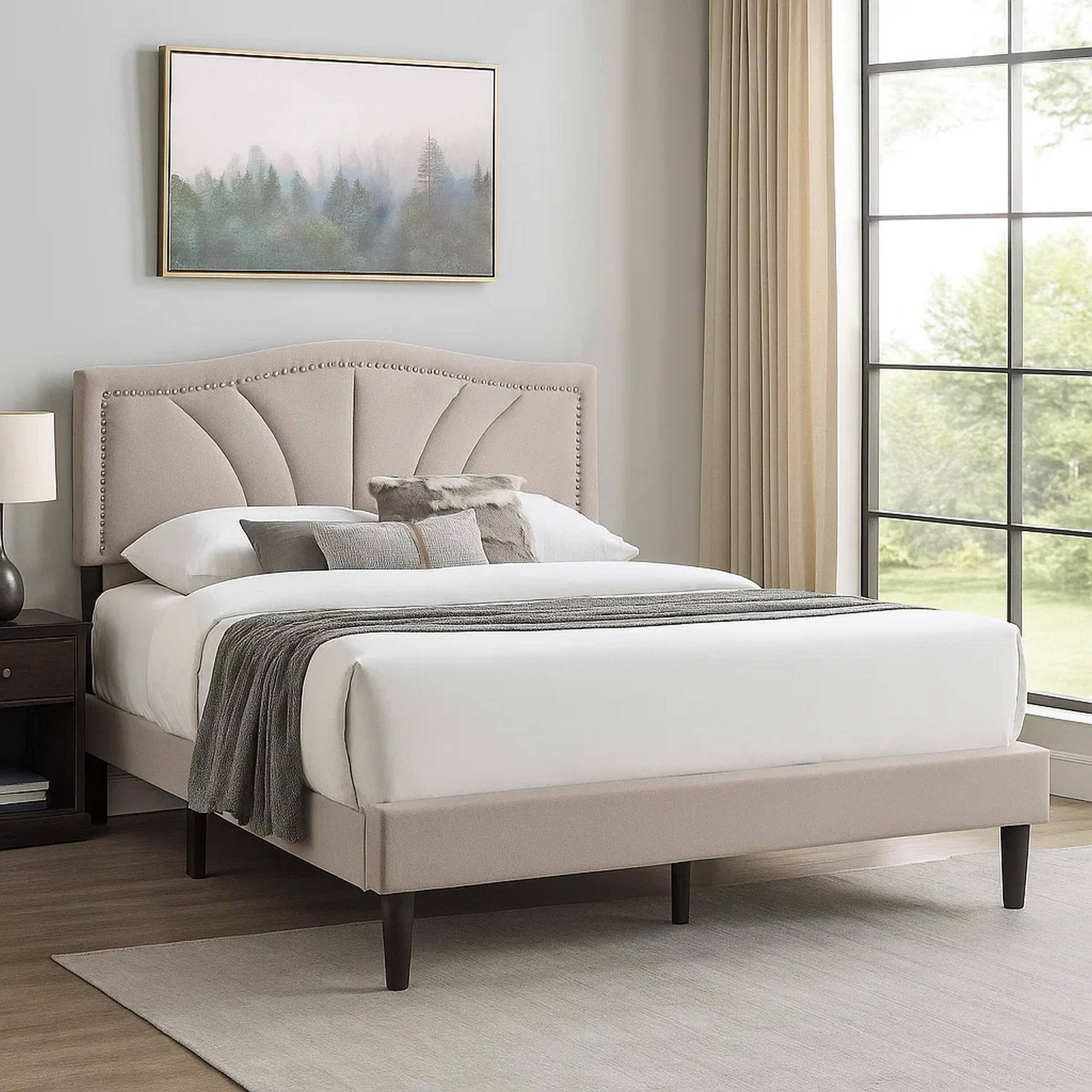 Alt View 6. Manhattan Lane - Carie Full Bed, Light Brown Burlap Upholstery, Padded Headboard - Light Brown, Black.