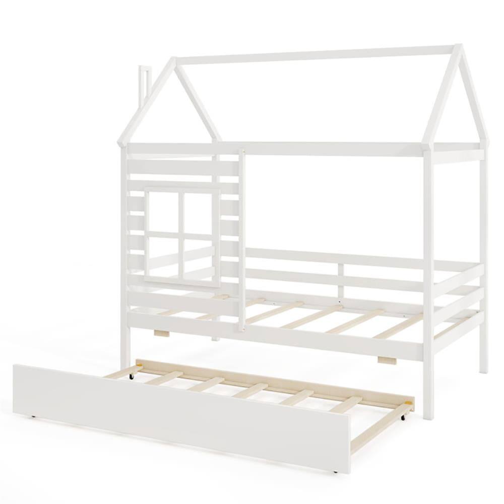 Front. Kadyn - Twin Size Wooden Platform House Bed with Trundle and RoofWhite - White.