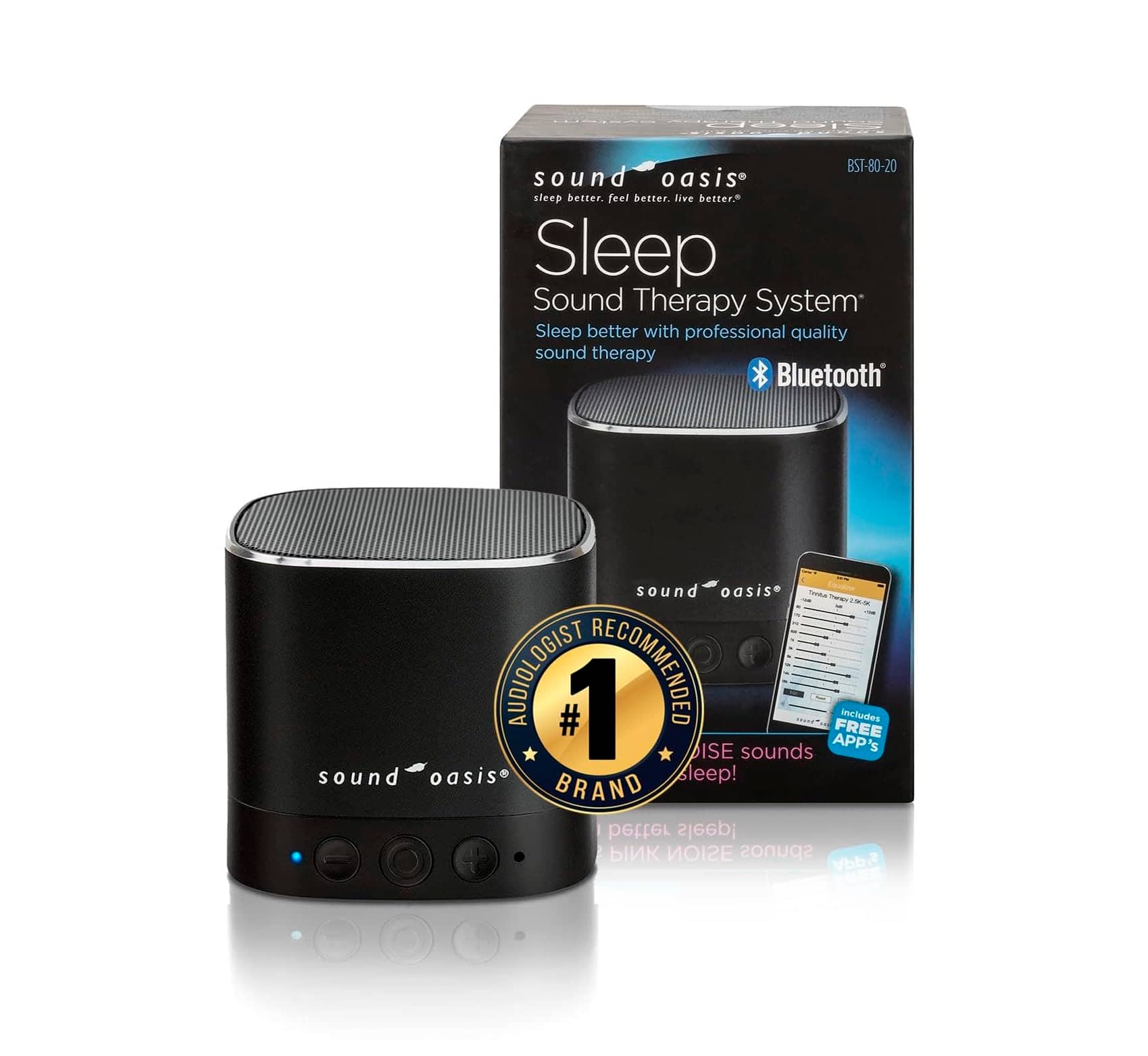 Sound Oasis - Pink Noise Bluetooth Sound Machine with 20 Soothing Sounds, Speaker, Memory & Portable Design for Sleep Anywhere - Black