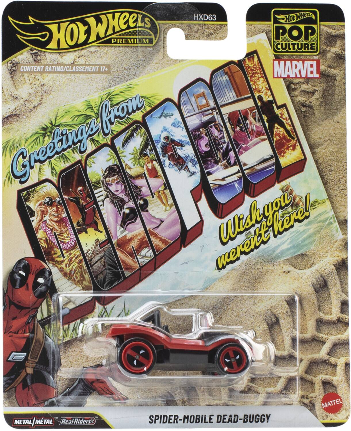 HXD63  
Hot Wheels  
Premium  
Content Rating/Classement 17+  
Marvel from Greetings  
Wish you weren't here!  
Metal Metal | Real Riders  
Spider-Mobile Dead-Buggy  
Mattel