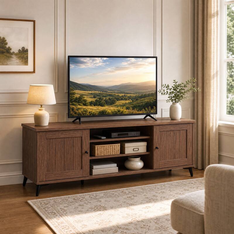 Angle. WELLFOR - Mid Century Modern TV Stand for TVs up to 65 Inch, Entertainment Center with 2 Door & Open Shelf for Living Room - Brown.