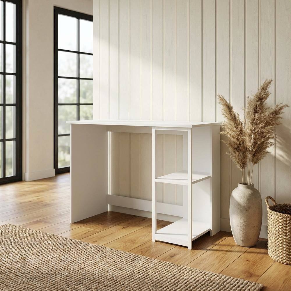 Angle. BisonOffice - White Modern Living Computer Desk with Sturdy Construction and Spacious Surface - Solid White/White.