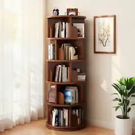 Ecooso - 5 Tier Bookshelf, 360° Display Round Spinning Bookshelf, Space-Saving for Bedroom, Living Room,Office - Walnut