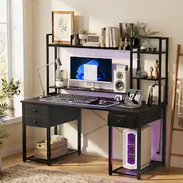 Aheaplus - Computer Desk with Hutch, Gaming Desk with Drawers, LED Lights, Outlets, and Monitor Stand - Black