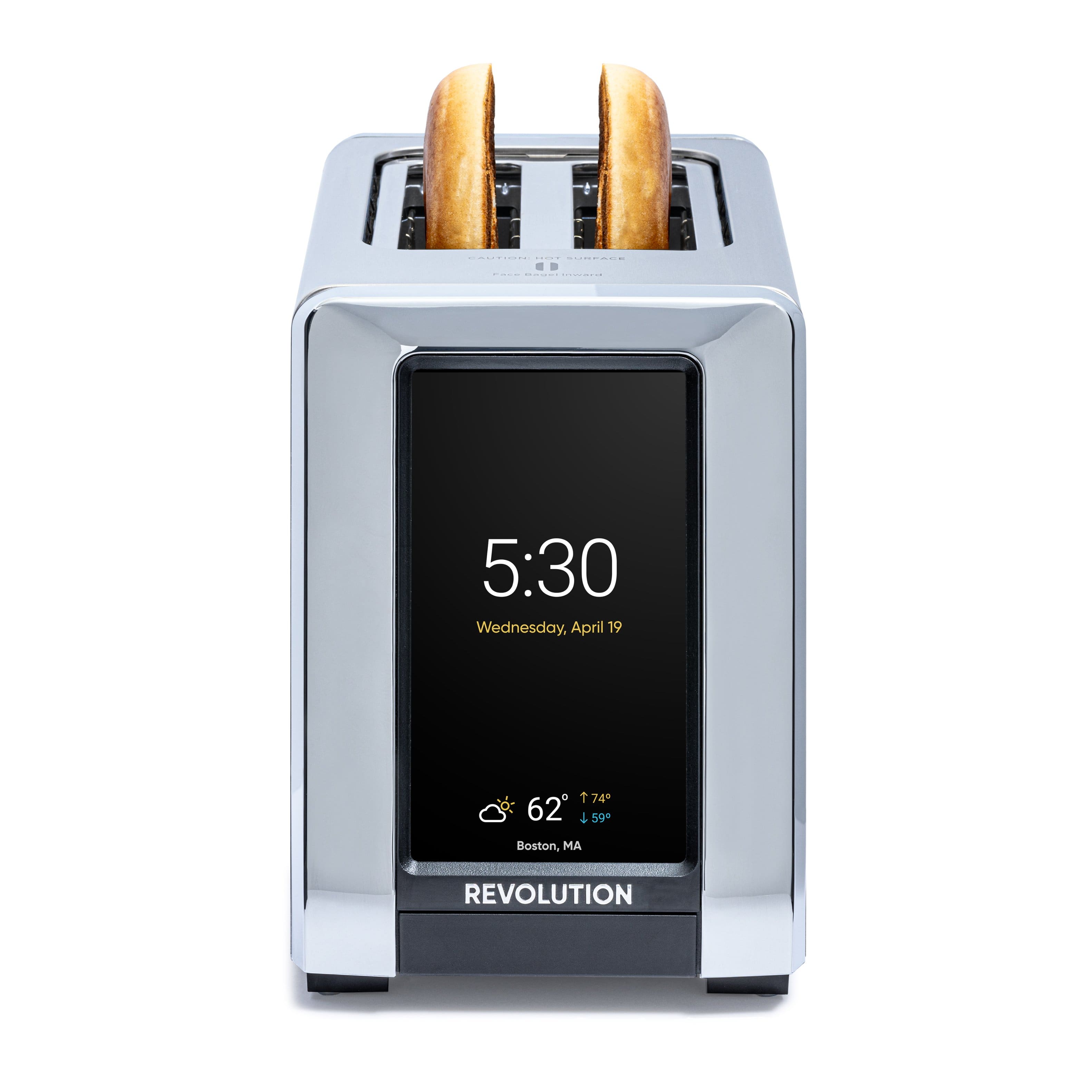 The text on the image reads: "5:30 Wednesday, April 19, 74°, 62°, 4:59, Boston, MA, REVOLUTION."