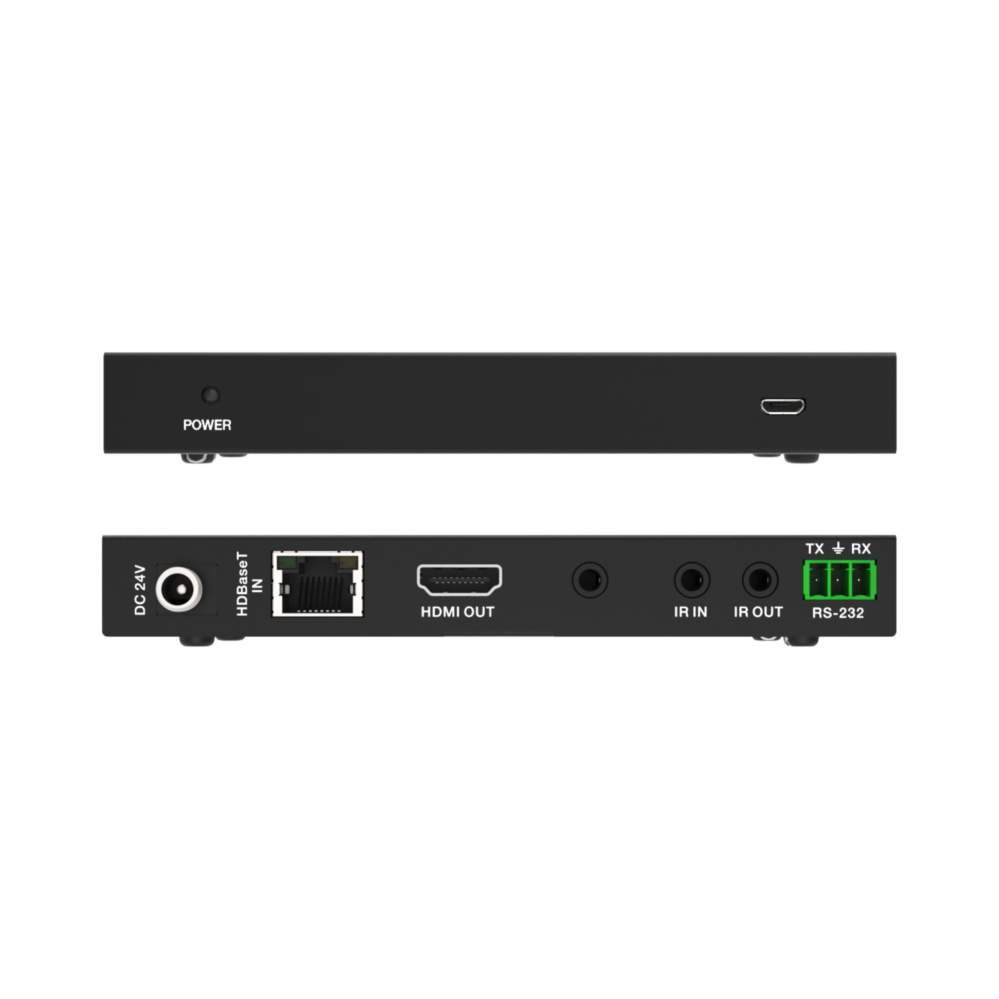 POWER, 24V DC, HDBaseT IN, HDMI OUT, IR IN, IR OUT, TX, RX, RS-232