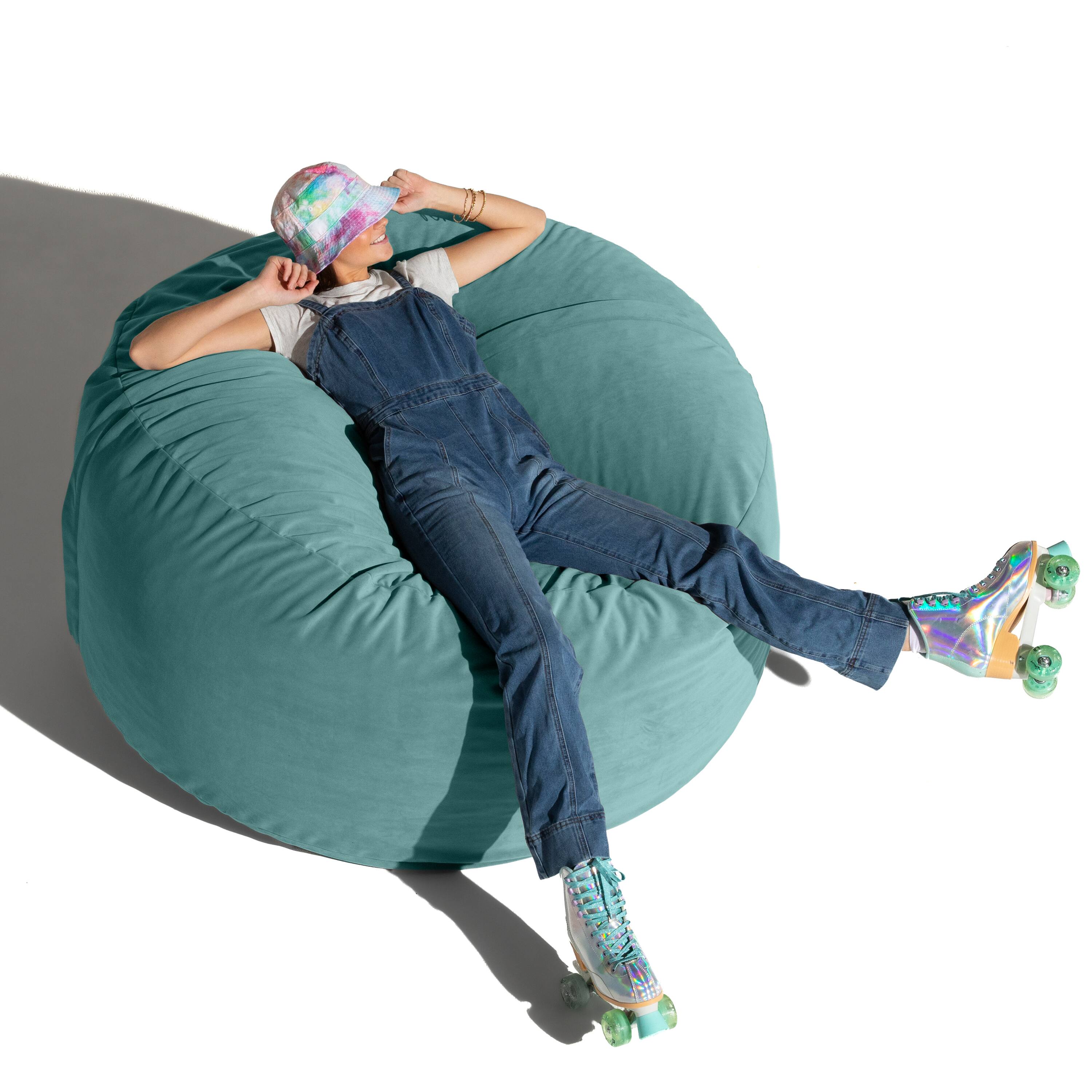 Left. Jaxx - Jaxx 5 Foot Saxx - Large Round Bean Bag Chair for Adults - Lush Velvet Turquoise - Lush Velvet Turquoise.