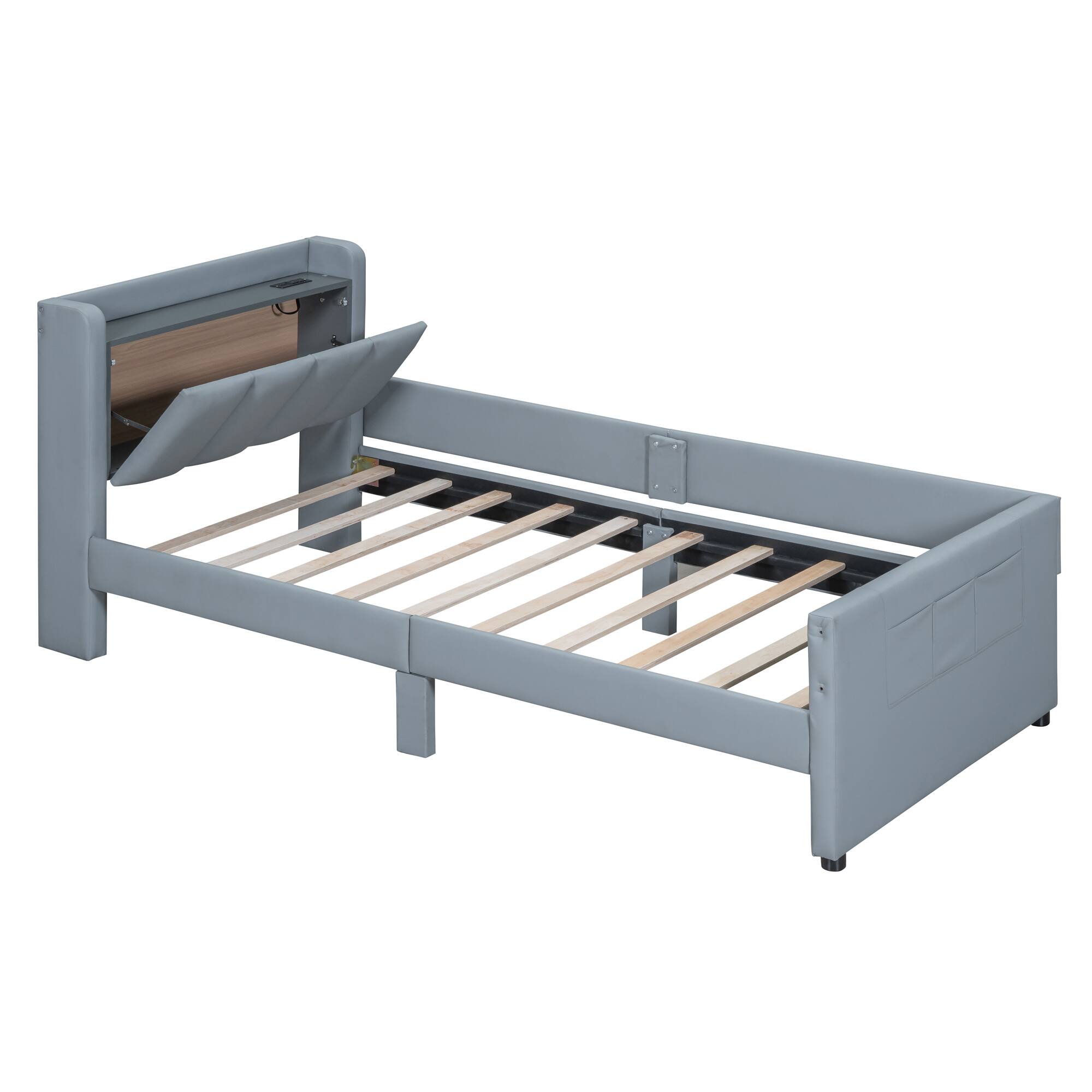 Alt View 8. Tiramisubest - Queen Size & Twin XL Size Upholstered Mother & Child Bed with Hydraulic Storage System, Drawer Box, shelf and USB Ports - Gray.