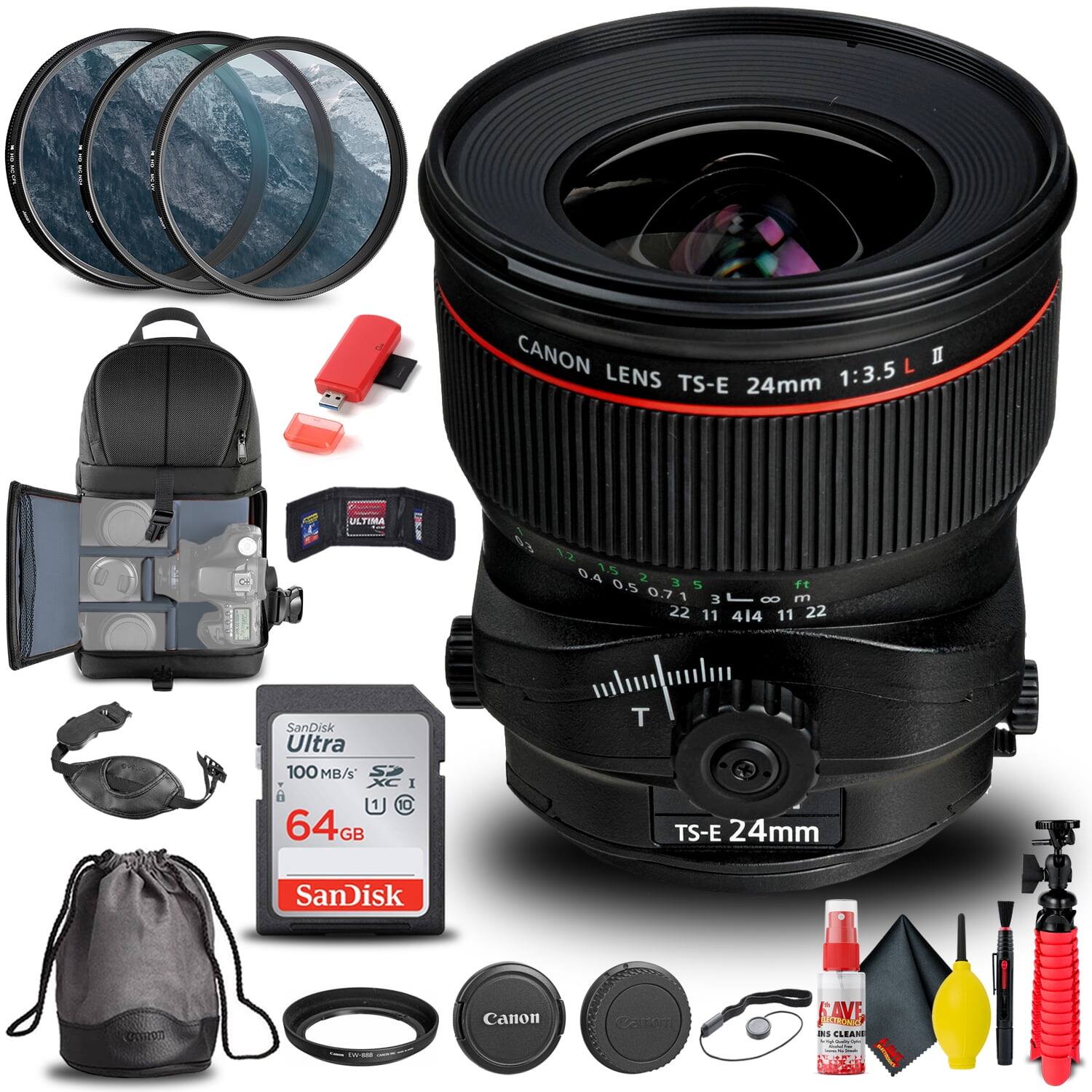 CANON LENS TS-E 24mm 1:3.5 L II  
ULTIMA  

12 0.4 1.5 2 0.5 3 5 ft 0.71 1 3 30 8 E 22 11 414 11 22  

SanDisk Ultra 100 MB/s  
64GB  

Canon CRST  
Canon  

SanDisk  
64GB  

Canon Lens Cap  
Canon  

SAVE  
Lens Cleaner  

Canon Lens Hood  
Canon  

Canon Lens Case  
Canon  

Canon Camera Bag  
Canon  

Canon Lens Filters  
Canon  

Canon Lens Cleaning Kit  
Canon