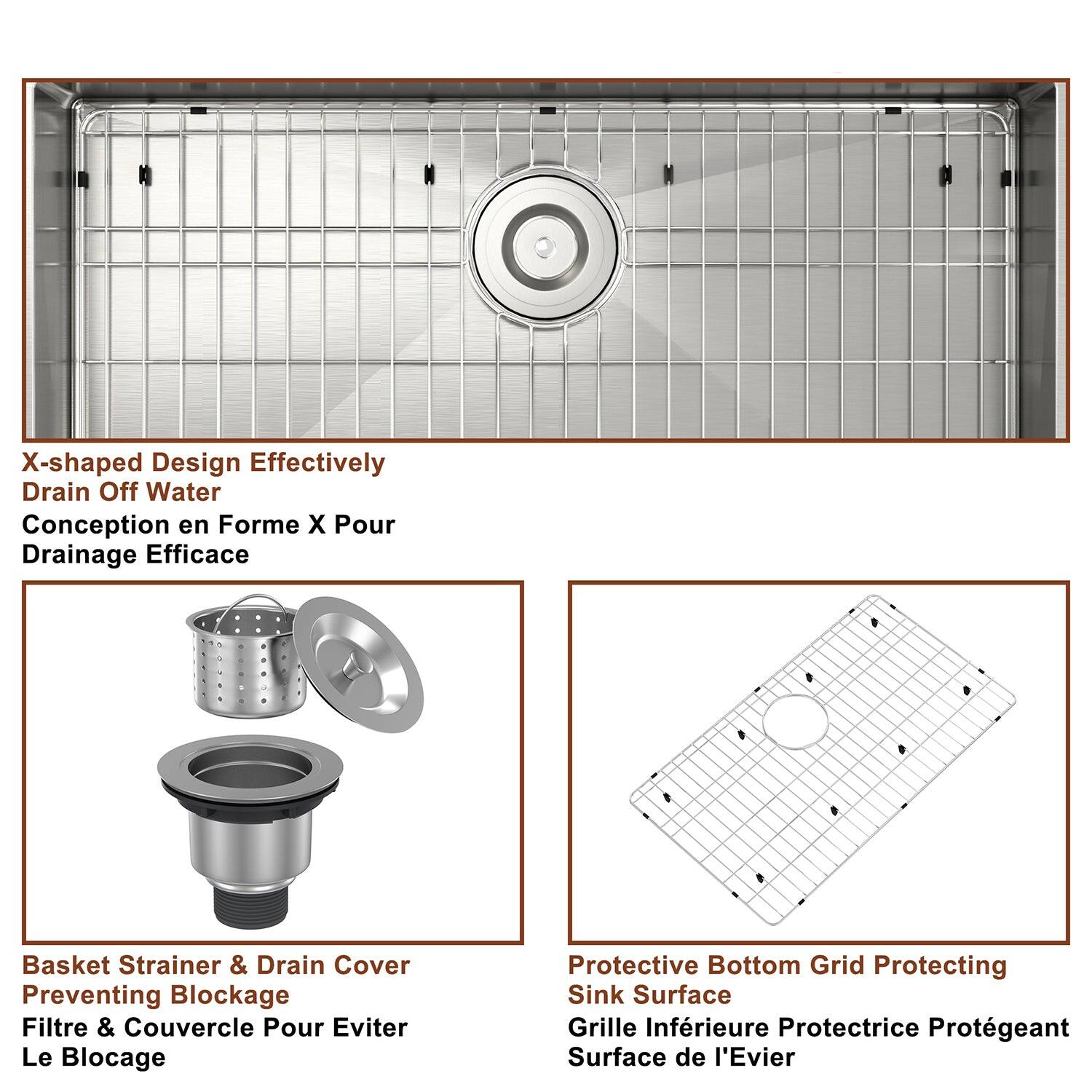 X-shaped Design Effectively Drain Off Water, Basket Strainer & Drain Cover Preventing Blockage, Protective Bottom Grid Protecting Sink Surface