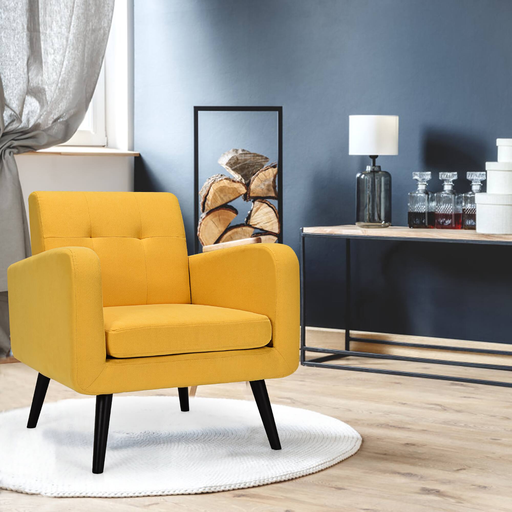Alt View 11. Costway - Mid-Century Accent Chair with Rubber Wood Legs - Yellow.