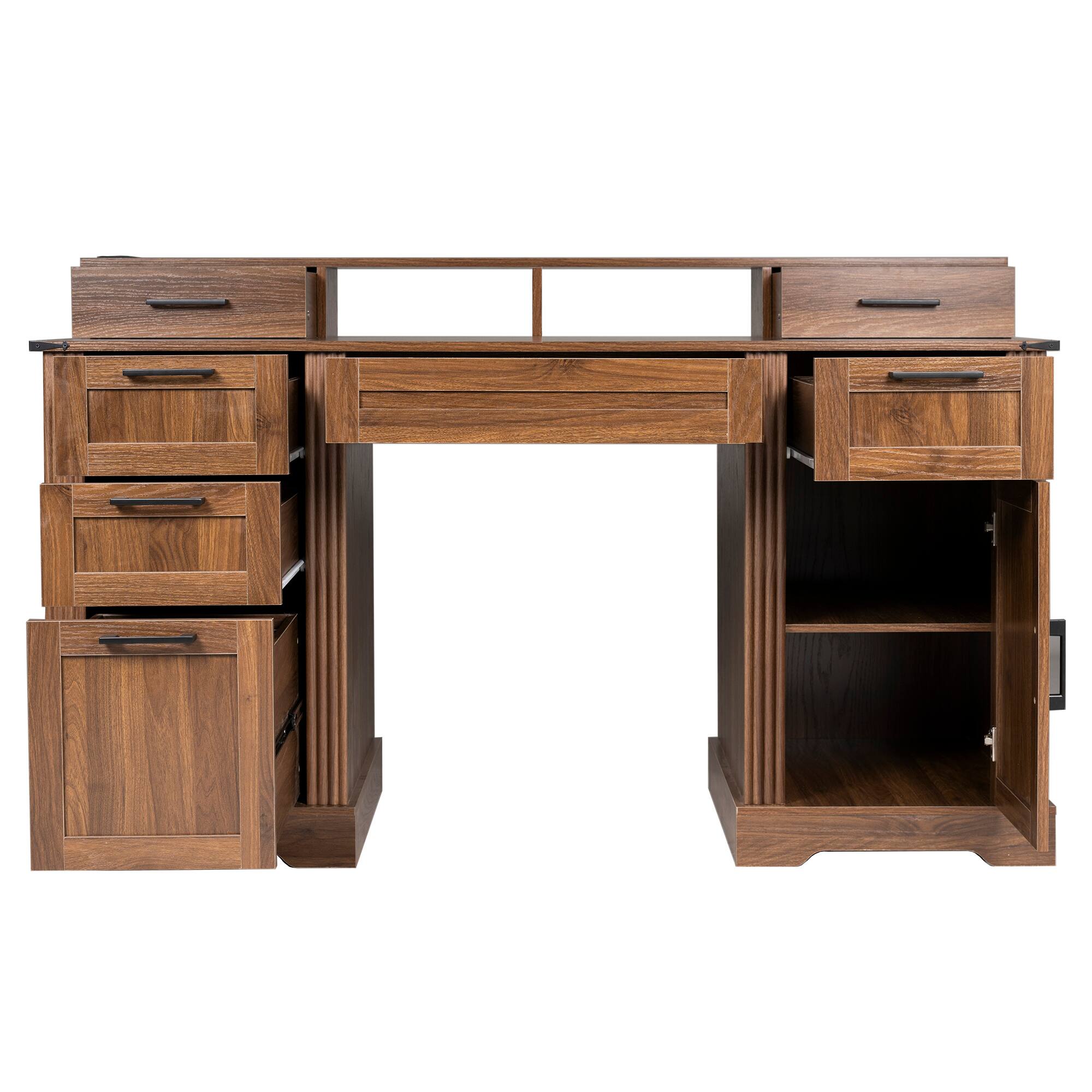 Alt View 9. Loheer - Loheer Farmhouse Office Desk, 59 Inch Office Desk with Charging Station, File Drawer, Keyboard Tray, Monitor Stand - Dark Walnut.
