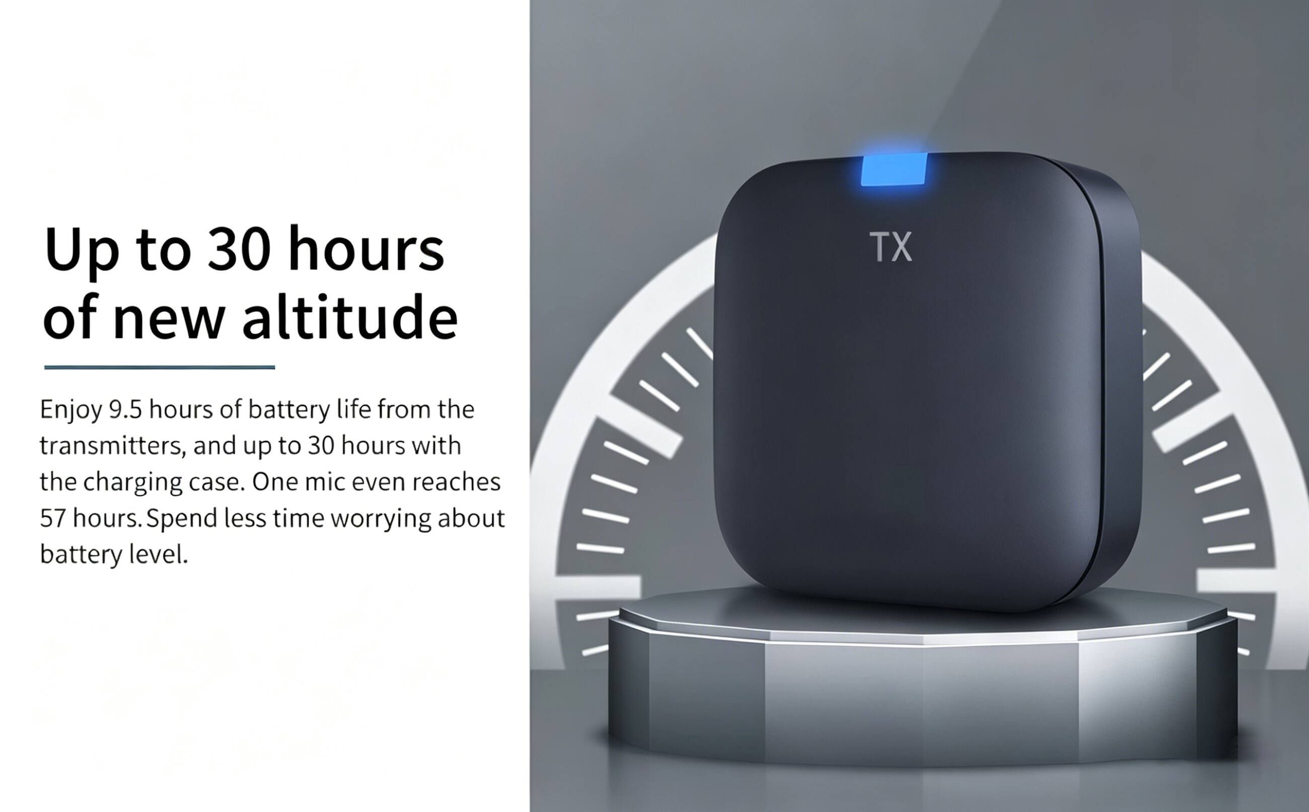 Up to 30 hours of new altitude

Enjoy 9.5 hours of battery life from the transmitters, and up to 30 hours with the charging case. One mic even reaches 57 hours. Spend less time worrying about battery level.