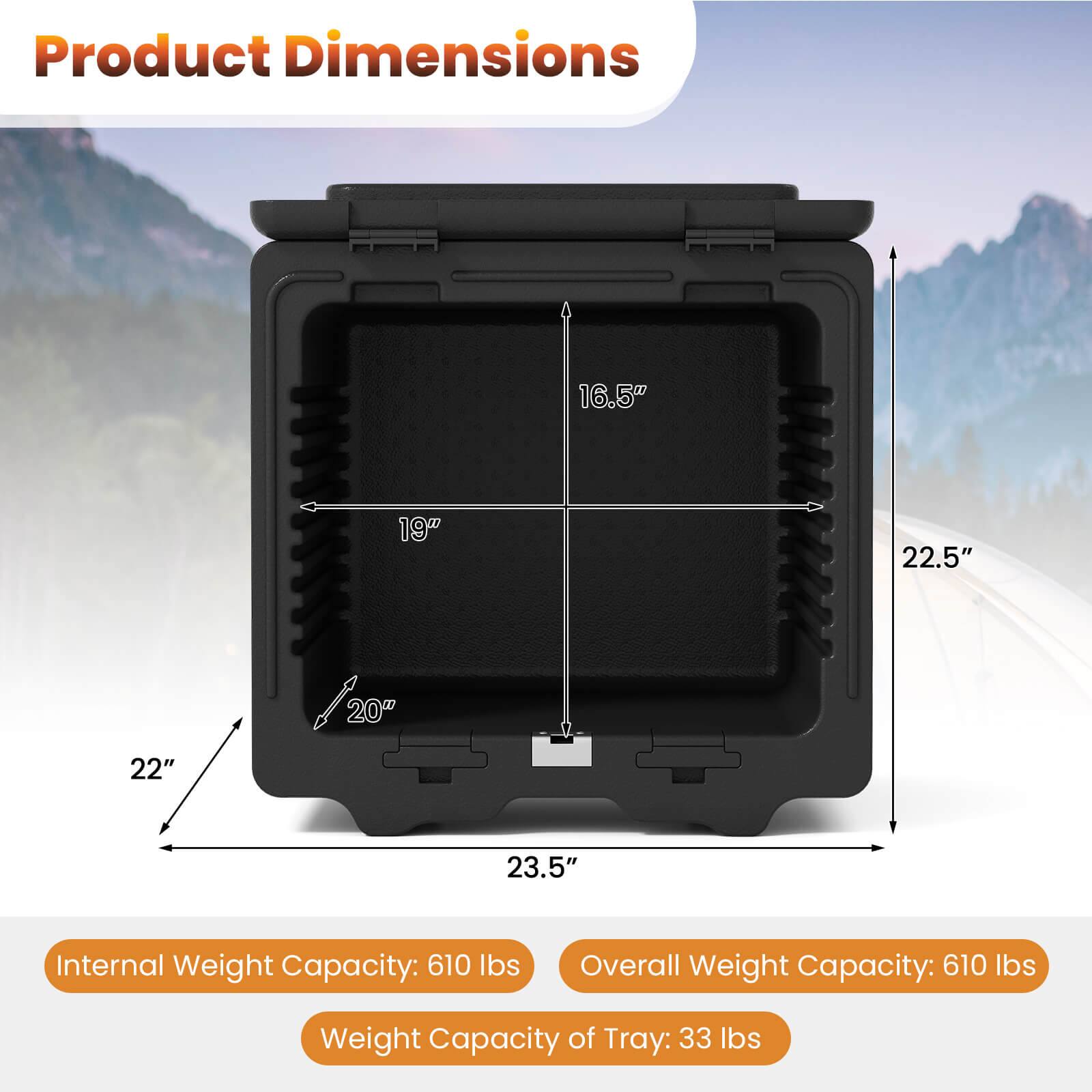 Product Dimensions: 16.5" x 19" x 22.5" / 22" x 20" x 23.5"  
Internal Weight Capacity: 610 lbs  
Overall Weight Capacity: 610 lbs  
Weight Capacity of Tray: 33 lbs