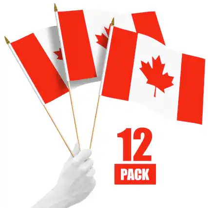Front. G128 - 12 Pack Handheld Canada Flags 12 x 18 in, 150D Polyester with Wooden Stick and Gold Spear Tip. - Assorted Colors.