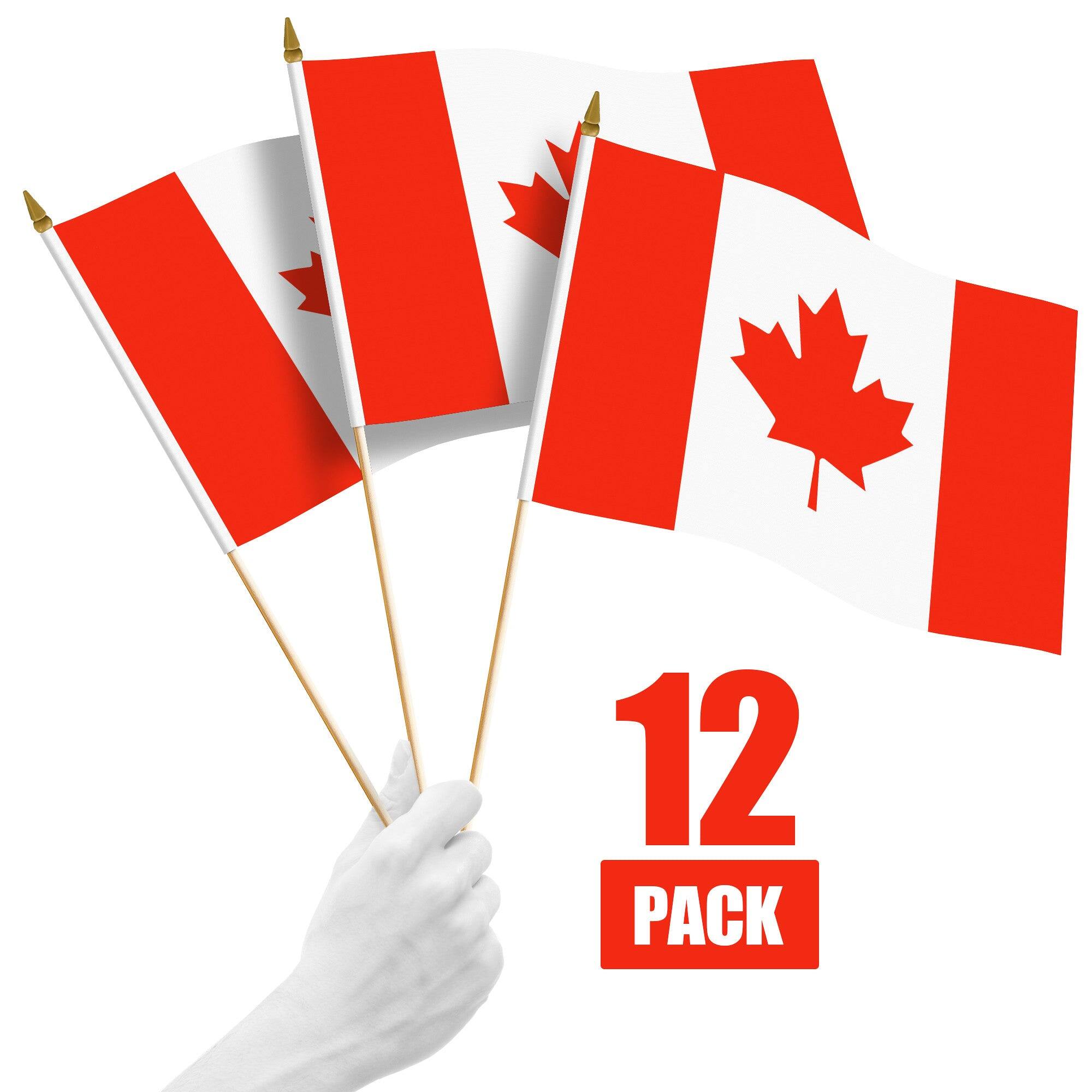 Front. G128 - 12 Pack Handheld Canada Flags 12 x 18 in, 150D Polyester with Wooden Stick and Gold Spear Tip. - Assorted Colors.