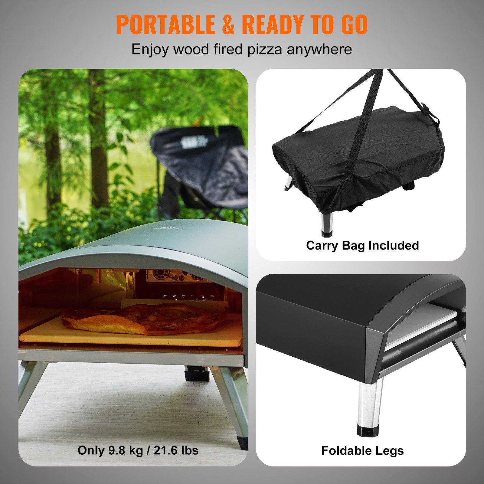 PORTABLE & READY TO GO  
Enjoy wood fired pizza anywhere  

- Only 9.8 kg / 21.6 lbs  
- Carry Bag Included  
- Foldable Legs