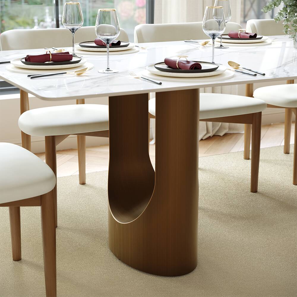 Alt View 2. POVISON - 93.7"Modern Luxury Dining Table for 8, Glossy White Sintered Stone Table, Rectangular Dining Room Table, Double Pedestal - White.