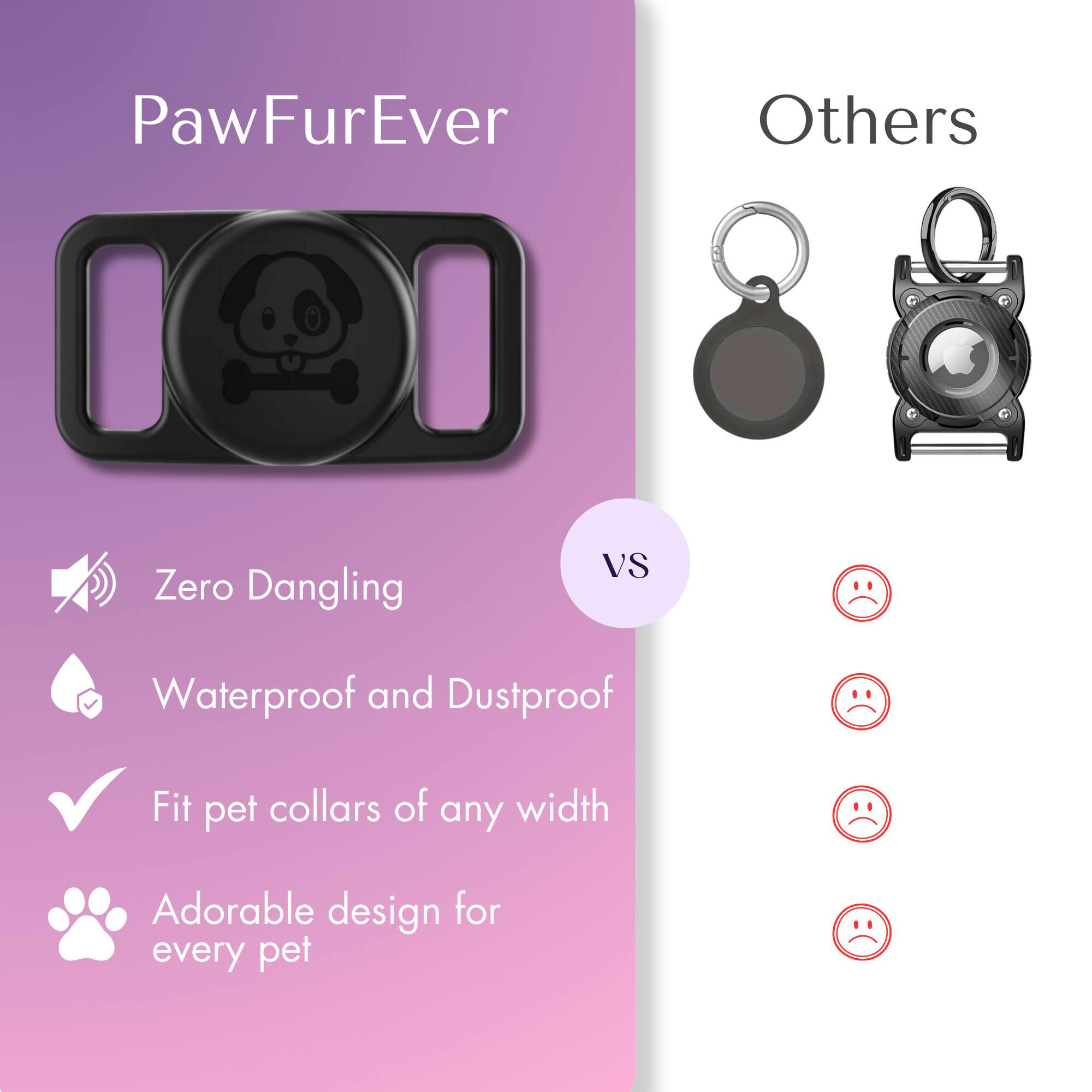 PawFurEver

Zero Dangling
Waterproof and Dustproof
Fit pet collars of any width
Adorable design for every pet

Others

VS