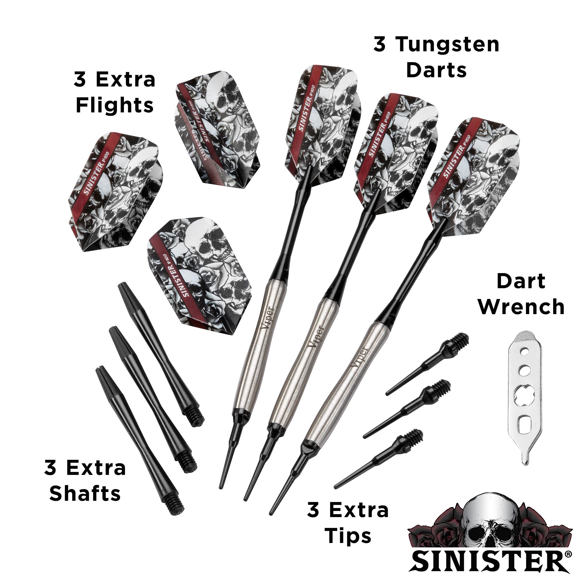 3 Extra Flights  
3 Tungsten Darts  
3 Extra Shafts  
3 Extra Tips  
Dart Wrench  
SINISTER