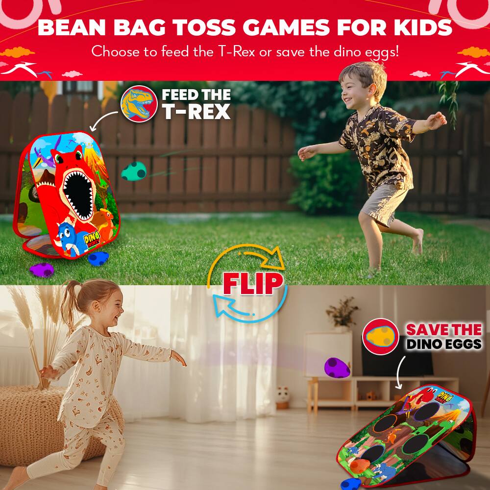 BEAN BAG TOSS GAMES FOR KIDS  
Choose to feed the T-Rex or save the dino eggs!  

FEED THE T-REX  

FLIP  

SAVE THE DINO EGGS