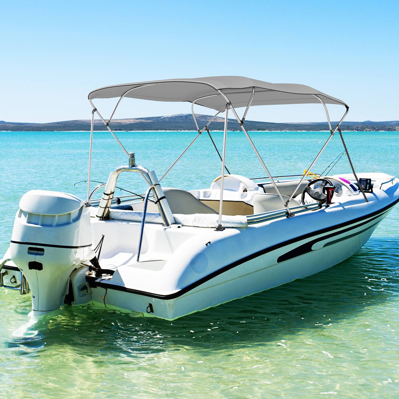 Alt View 3. Gymax - Gymax 4-Bow Boat Bimini Top Sun Shade Boat Canopy w/ Storage Boot Straps - Gray.