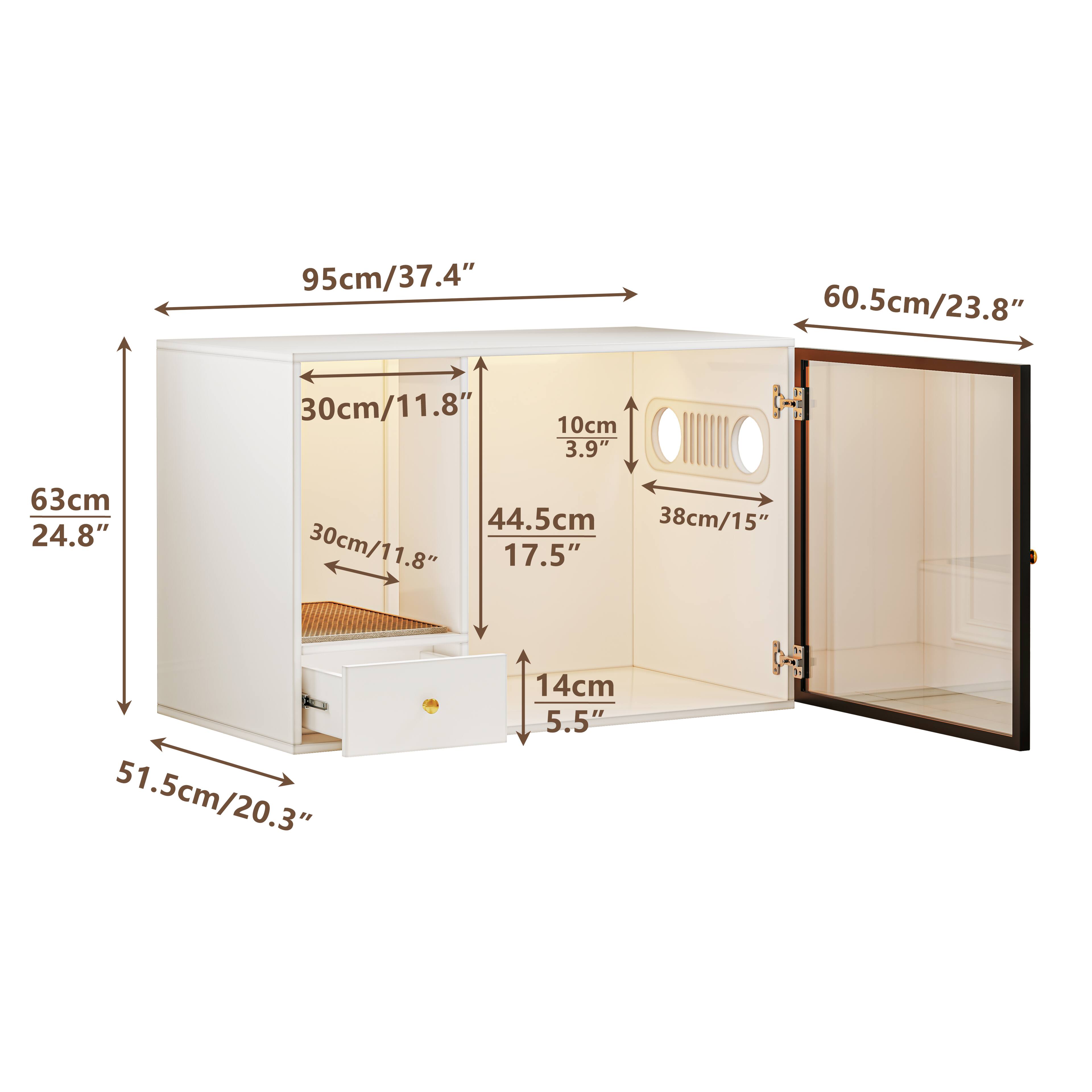 95cm/37.4"  
60.5cm/23.8"  
63cm/24.8"  
51.5cm/20.3"  
30cm/11.8"  
30cm/11.8"  
44.5cm/17.5"  
38cm/15"  
10cm/3.9"  
14cm/5.5"