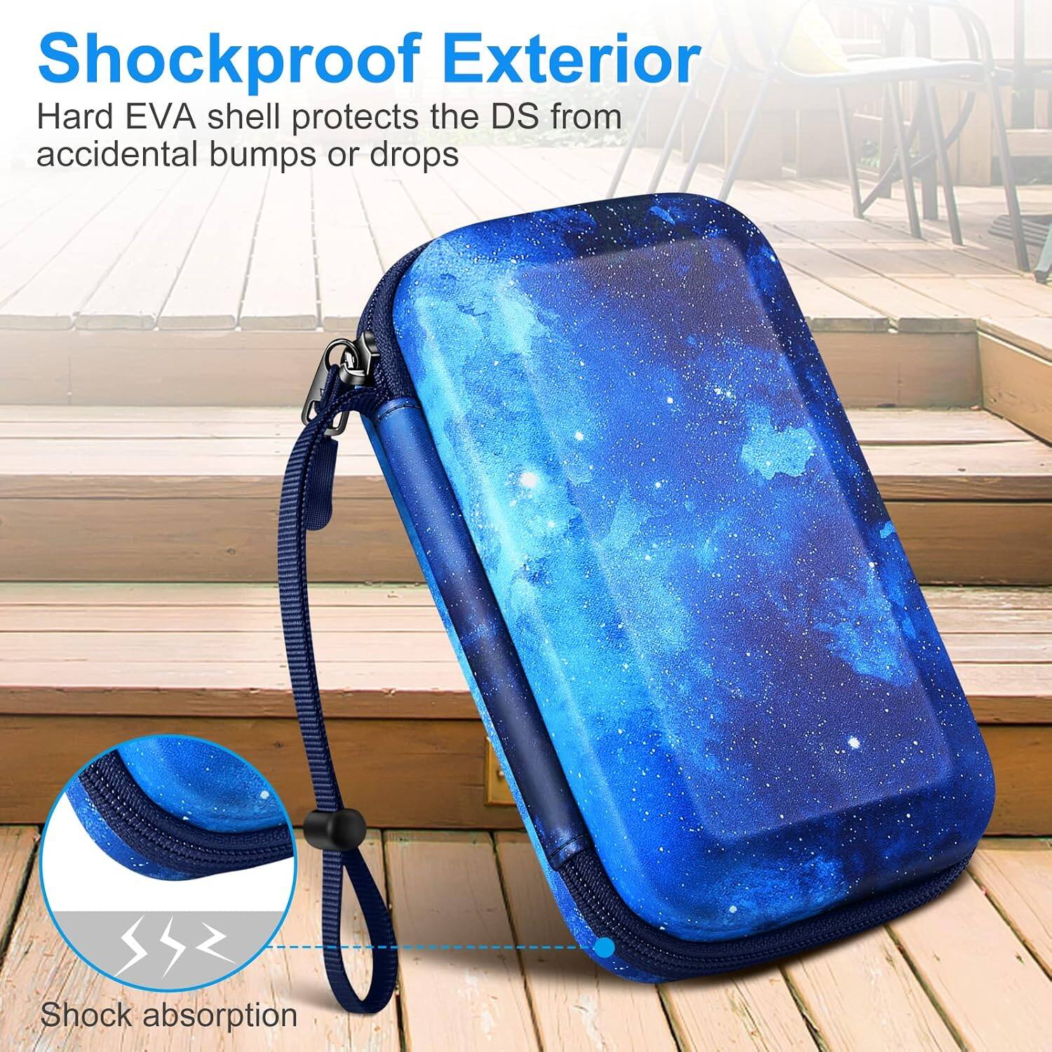 Shockproof Exterior  
Hard EVA shell protects the DS from accidental bumps or drops  
Shock absorption