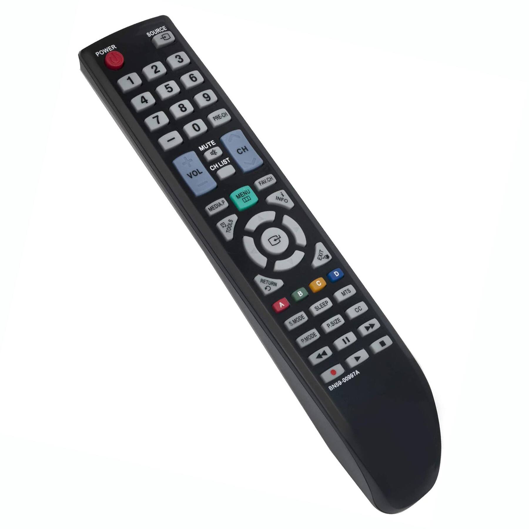 Sure, here is the corrected and grouped text from the image:

**Top Section:**
- POWER
- SOURCE

**Number Pad:**
- 1 2 3
- 4 5 6
- 7 8 9
- 0

**Volume and Channel Controls:**
- VOL
- MUTE
- CH
- CH LIST
- PRE-CH

**Additional Controls:**
- INFO
- MENU
- FAVCH
- MEDIA/9
- TOOLS
- EXIT
- RETURN
- C
- MTS
- A
- SLEEP
- CC
- 5 MODE
- P SIZE
- P MODE

**Directional Pad:**
- (Arrow keys with center button)

**Bottom Section:**
- BN59-009697A